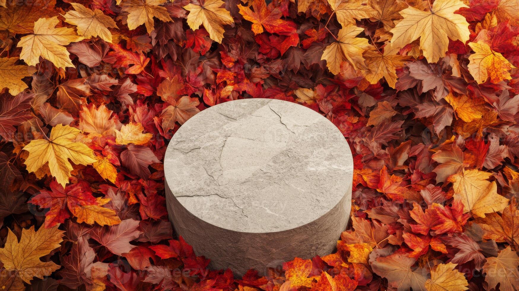 The scene features a smooth, circular stone placed at the center, surrounded by a colorful array of orange, red, and yellow autumn leaves, creating a tranquil atmosphere in nature. photo