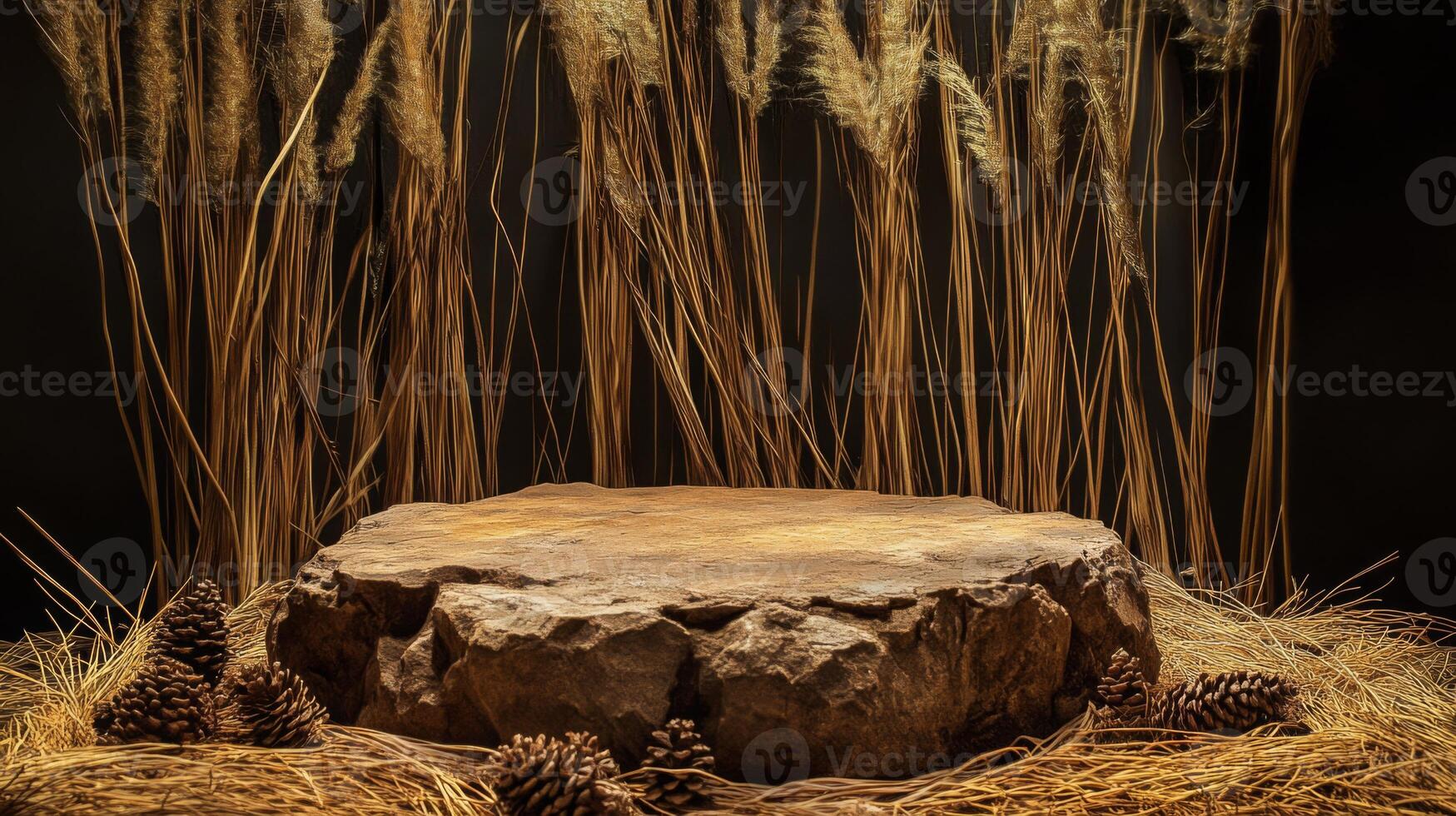 A natural stone pedestal sits in the center, surrounded by tall grass and scattered pine cones, all within a softly lit space that creates a peaceful atmosphere. photo