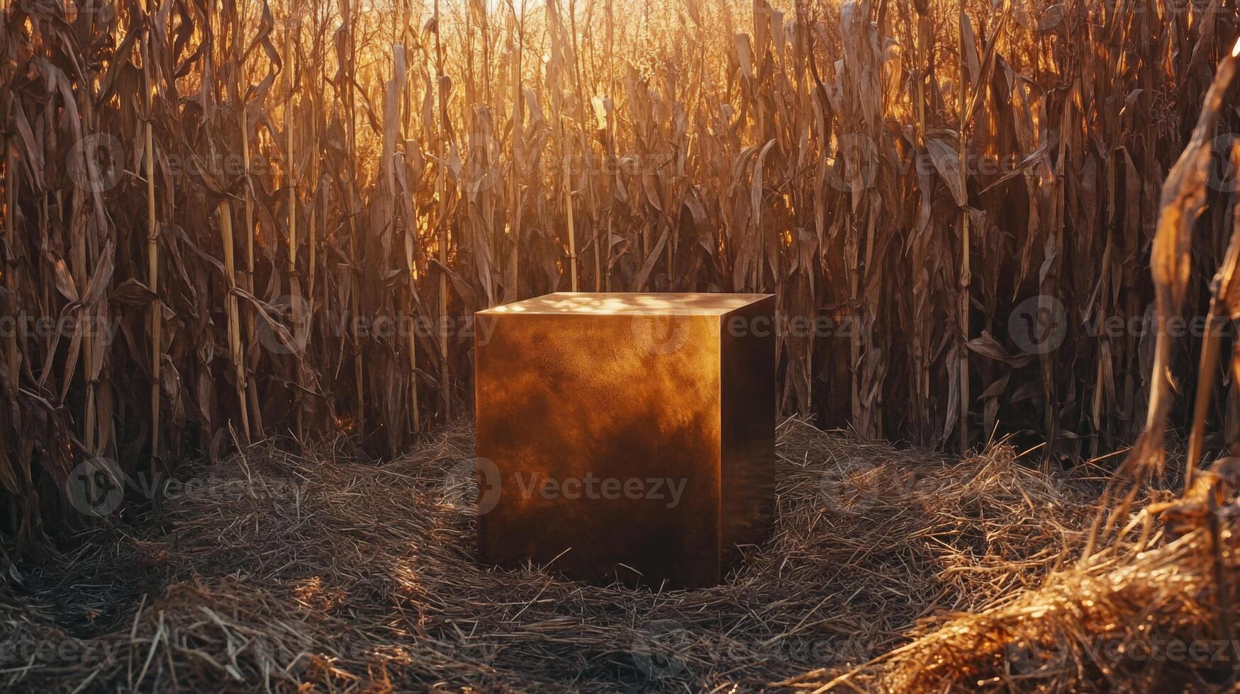 A shiny metal cube stands amid a cornfield, bathed in the warm glow of sunset photo