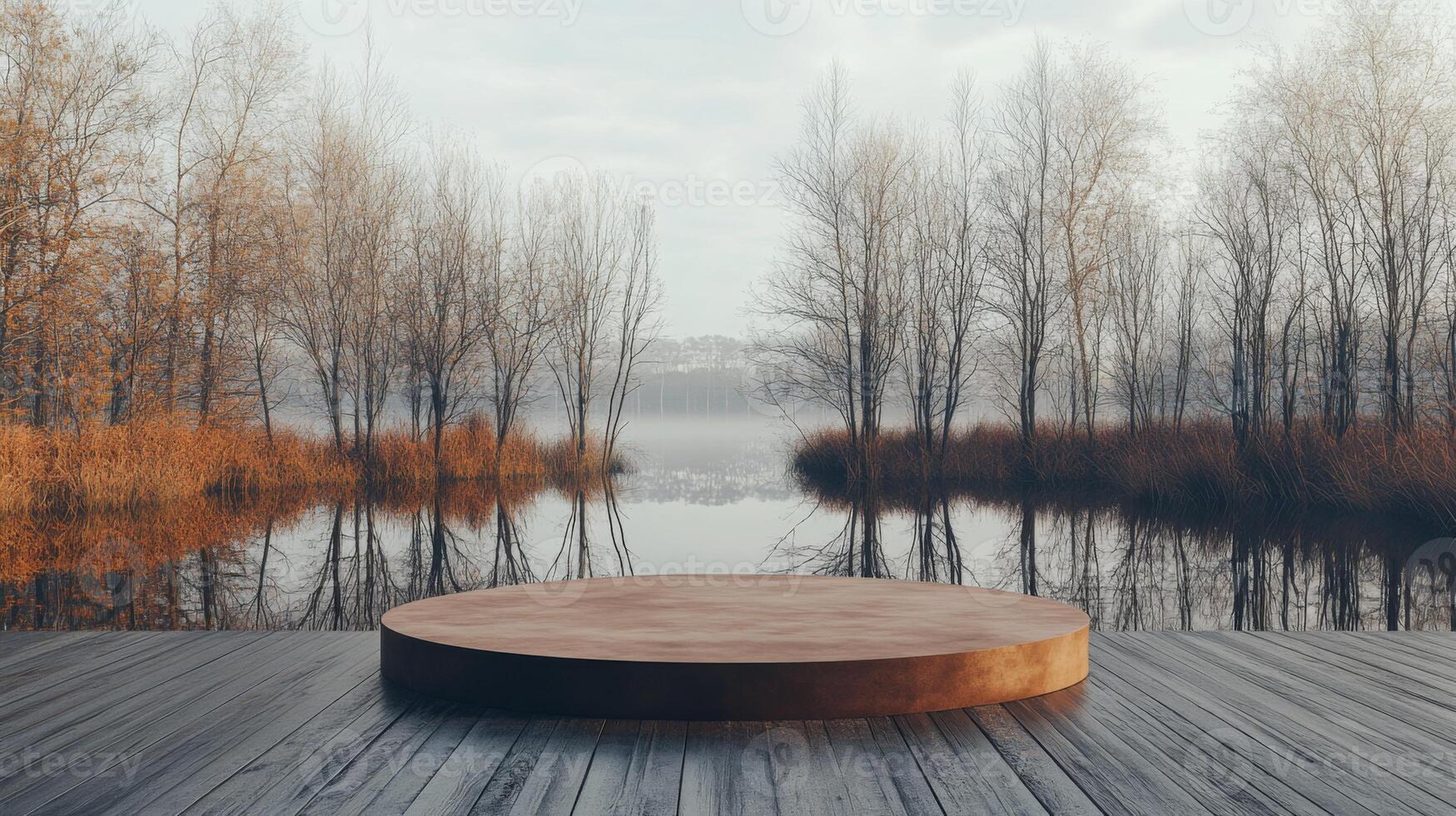 A round wooden platform sits peacefully on a misty lake, surrounded by leafless trees reflecting on the still water. The soft morning light enhances the tranquil atmosphere of this nature setting. photo