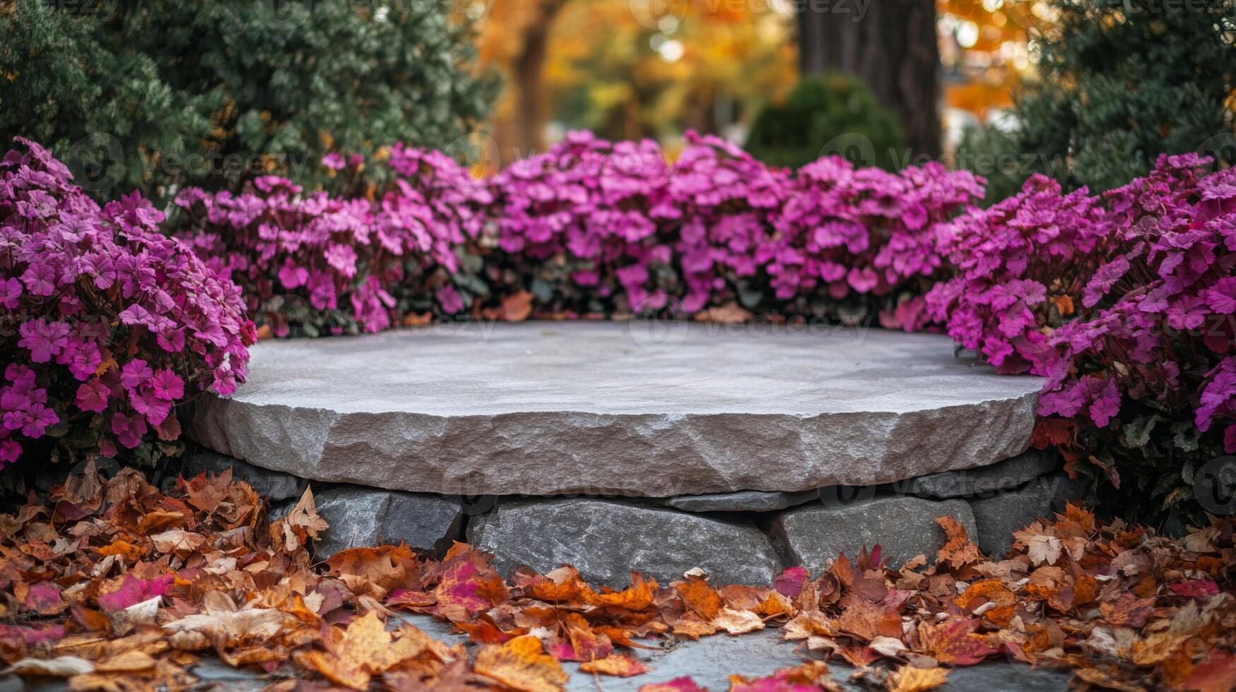 The garden features a smooth stone platform encircled by lush pink flowers, with colorful autumn leaves scattered on the ground, creating a tranquil atmosphere in a beautifully landscaped area. photo