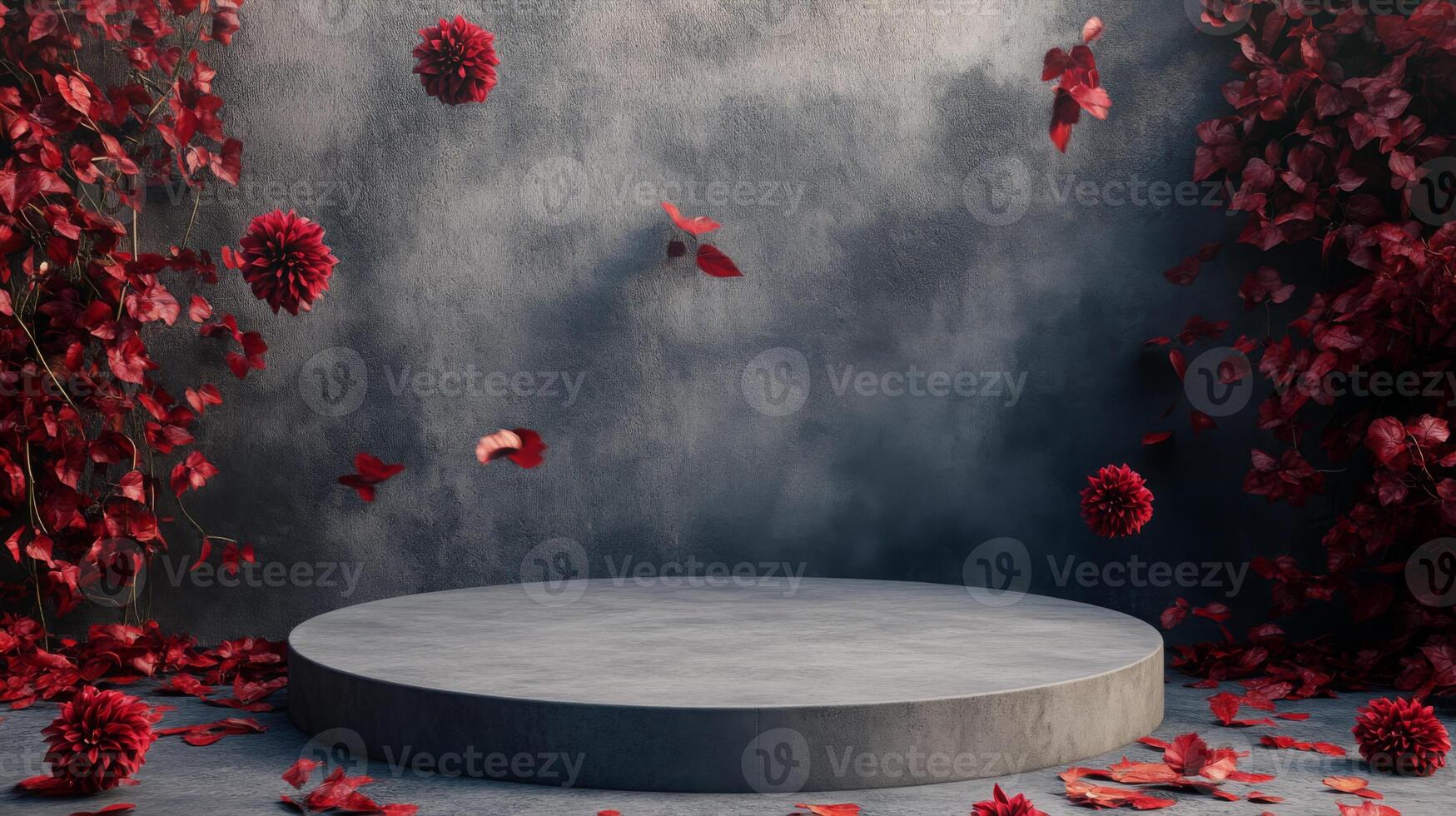 A gray pedestal is positioned in front of a gray textured wall. On the left side of the image, red flowers and vines climb the wall, with petals falling to the ground photo