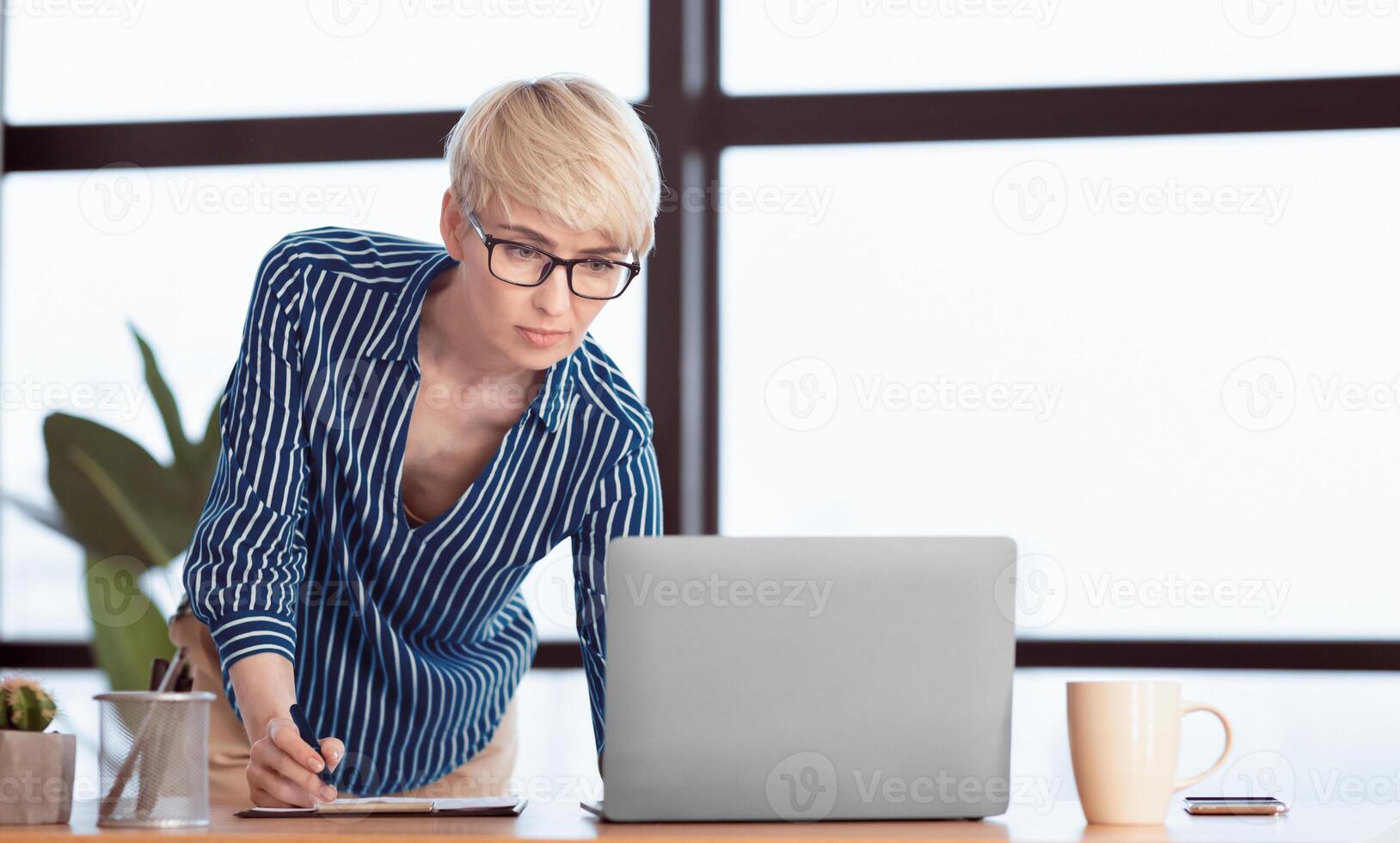 Confident Business Lady Working On Laptop Taking Notes Standing Near Desk In Modern Office. Selective Focus, Copy Space photo