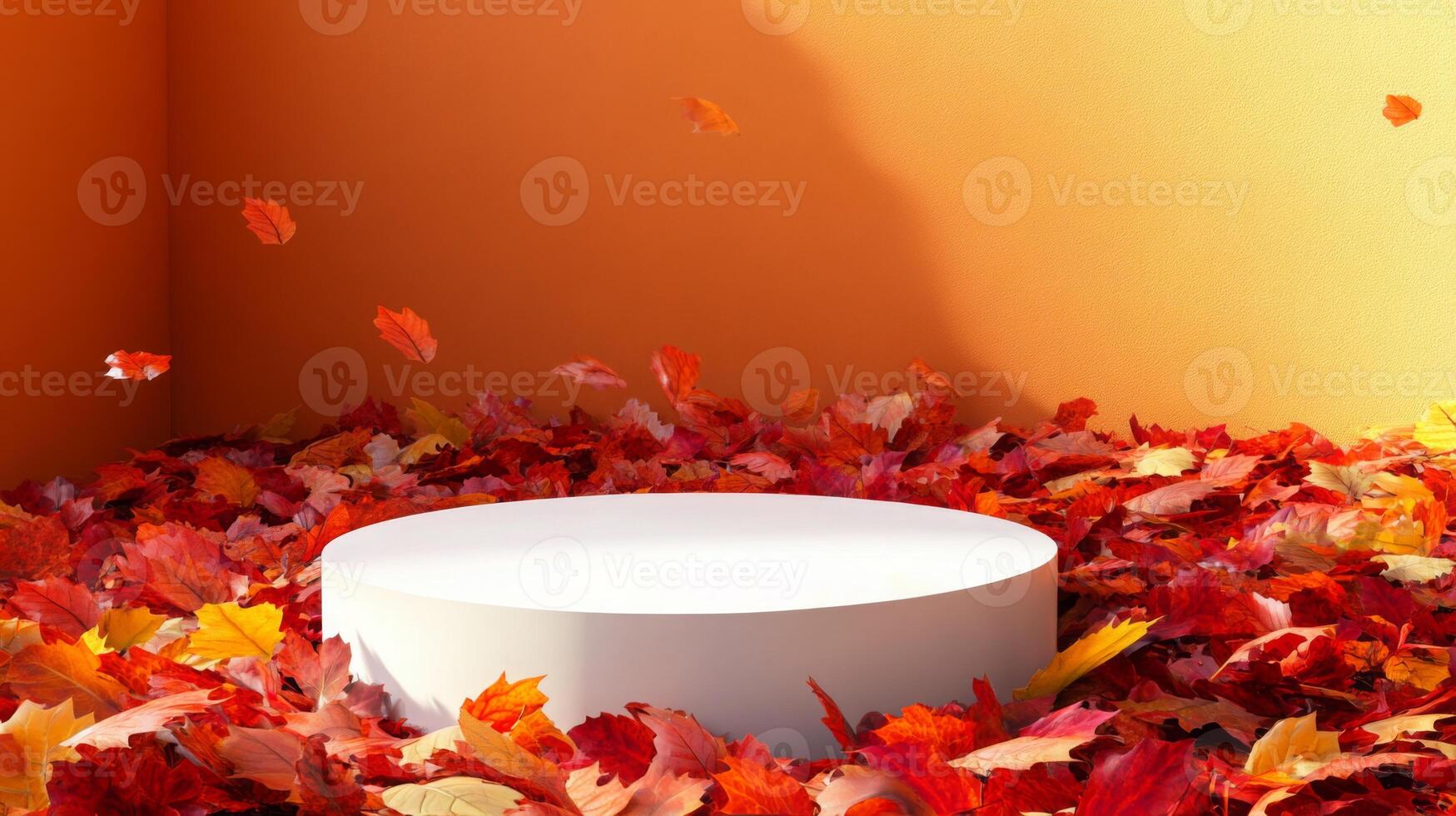 Colorful autumn leaves in shades of red and orange cover the floor around a white circular platform. The warm interior walls add to the cozy fall atmosphere, creating a tranquil and inviting space. photo