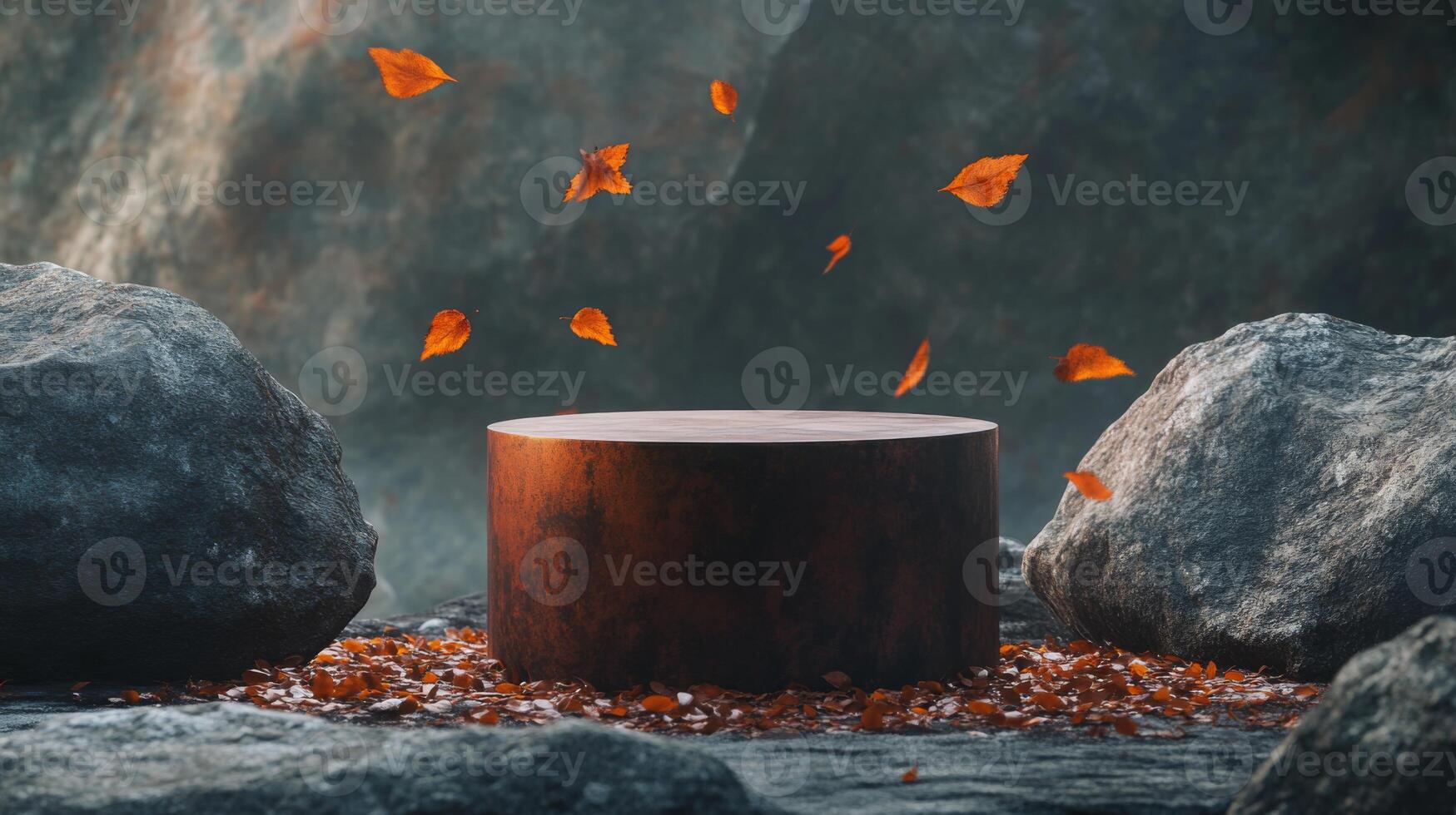 A round wooden platform rests on a rocky surface surrounded by scattered leaves. Large rocks on either side of the platform and leaves fall around it. photo
