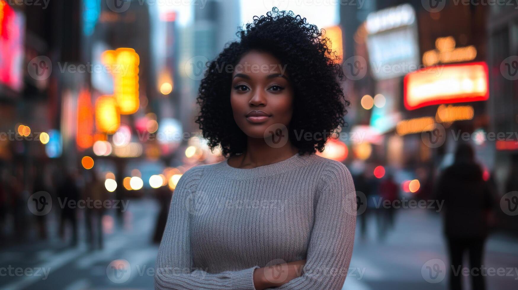 A woman with curly hair poses confidently in Times Square, surrounded by colorful city lights and busy streets. The vibrant atmosphere reflects the energy of New York City during the evening. photo