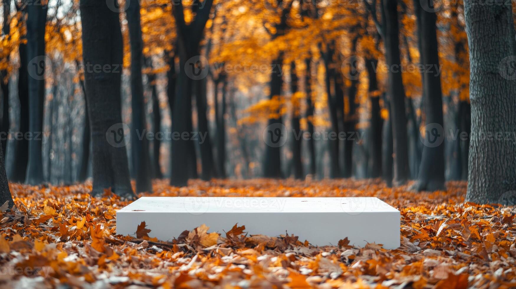 A serene park in autumn features a blanket of orange leaves covering the ground, surrounding a white platform placed amidst the trees. The peaceful atmosphere invites contemplation and reflection. photo