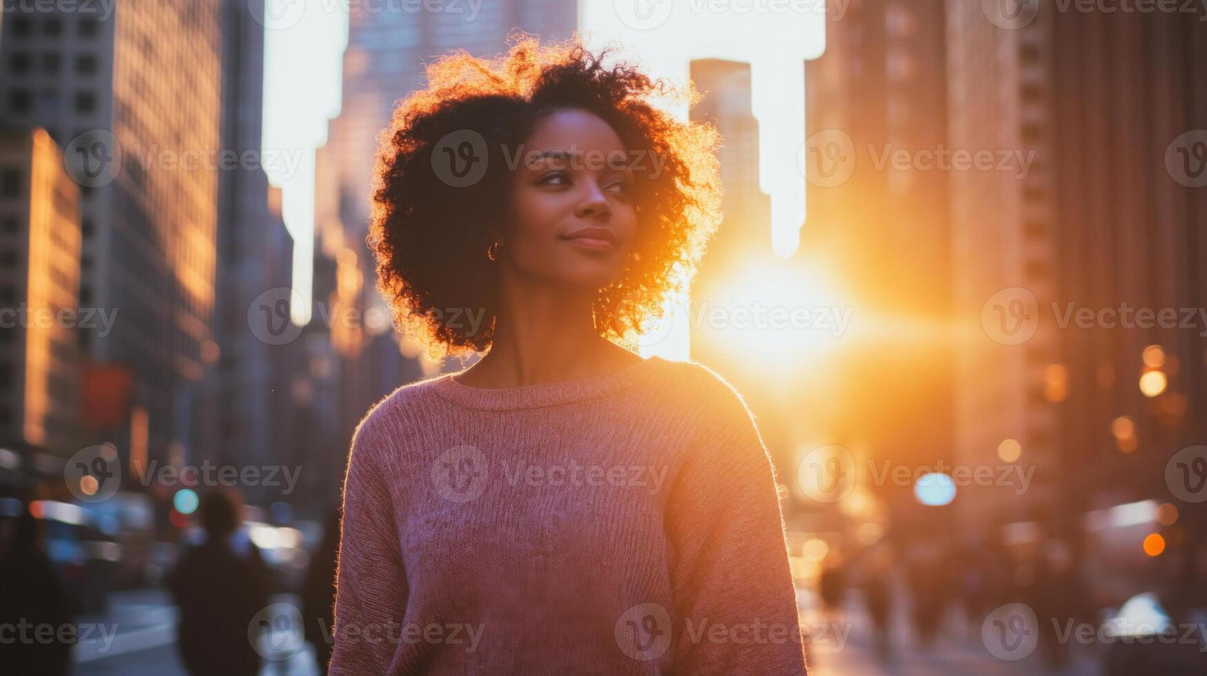 A black woman with curly hair stands in a busy city street at sunset, enjoying the warm glow of the sun while surrounded by tall buildings and passing cars. The atmosphere feels lively and energetic. photo