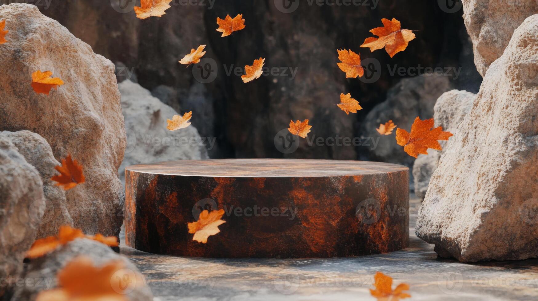 Golden autumn leaves swirl gracefully around a wooden pedestal, surrounded by rugged rocks in a serene cave. The warm light enhances the natural beauty, creating a tranquil and inviting atmosphere. photo