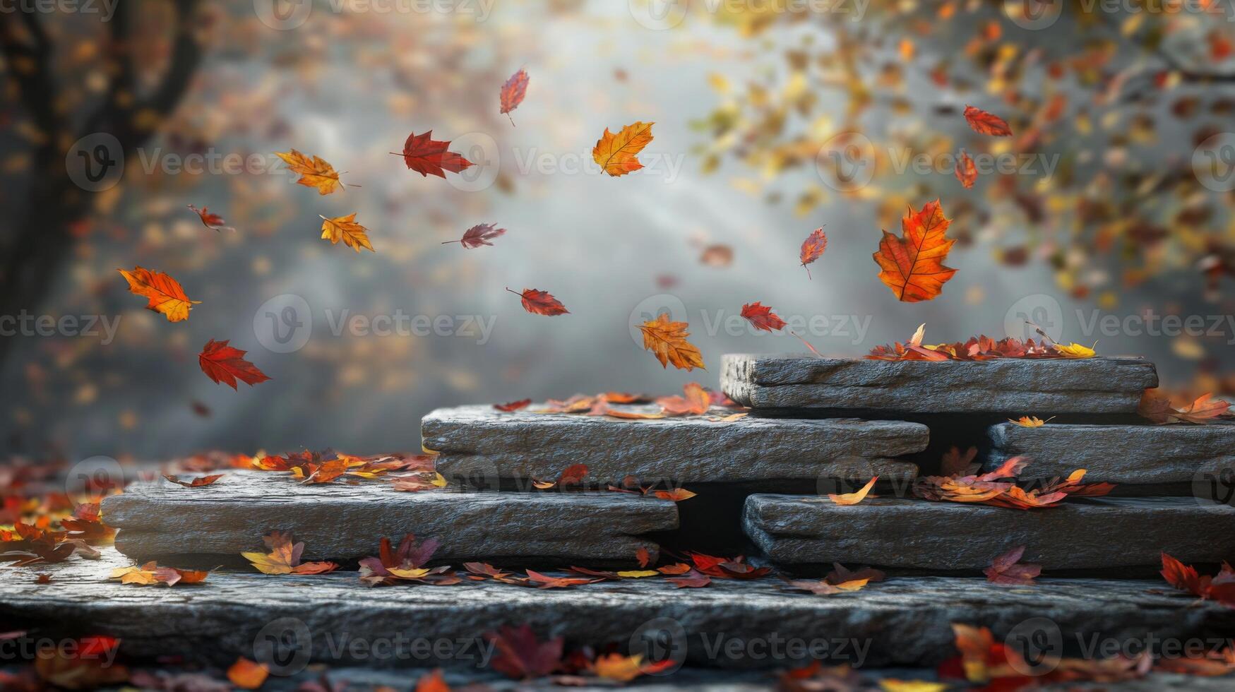 Brightly colored autumn leaves gently swirl in the air around stone steps nestled amidst a quiet forest photo
