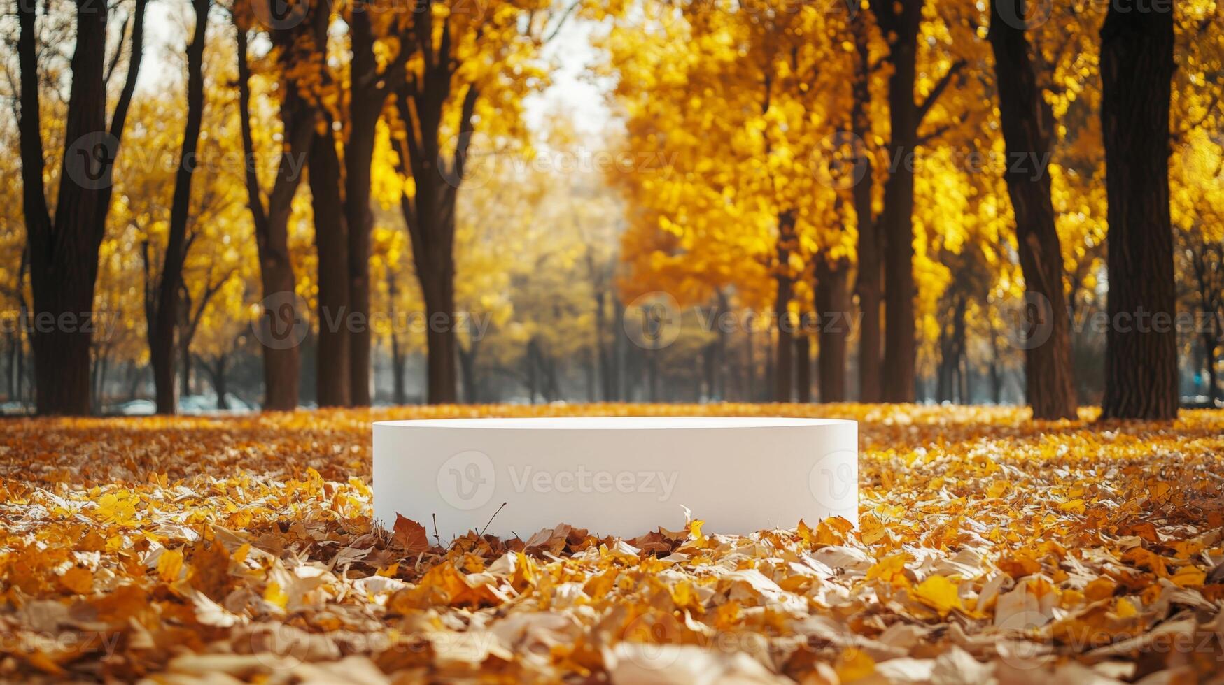 A white platform sits in the center of the image surrounded by fallen leaves. The leaves are mostly yellow and orange, with a few brown ones mixed in photo