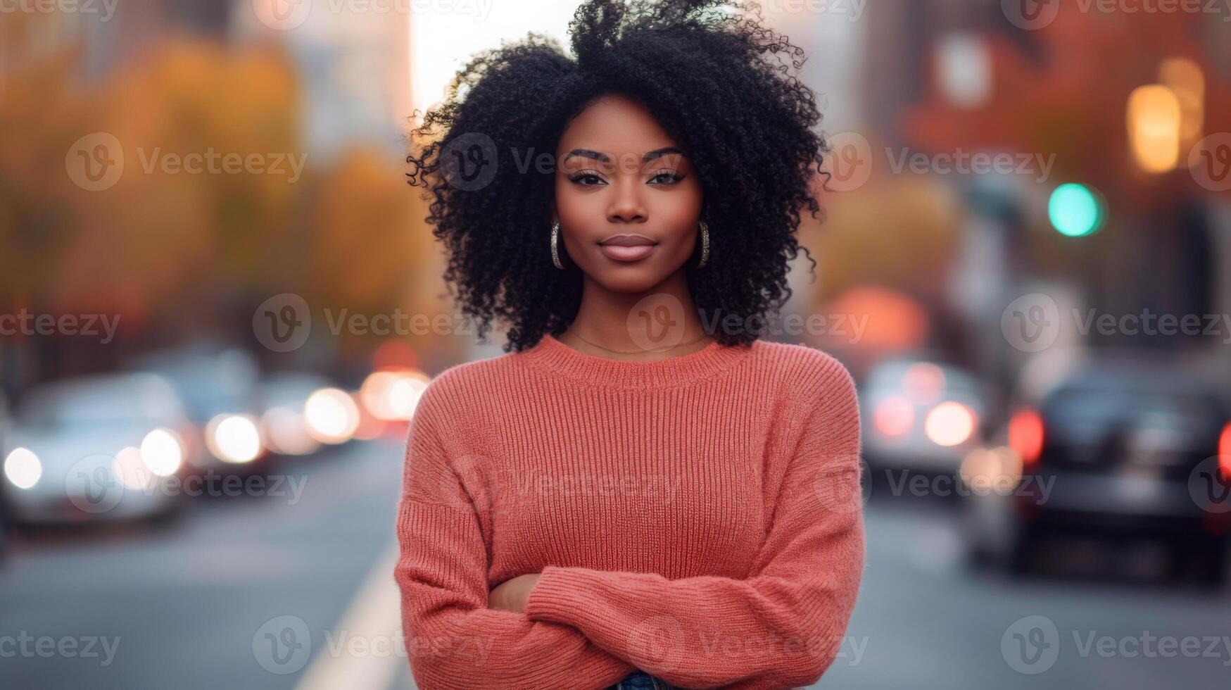 A black woman with natural curly hair stands confidently on a bustling city street, wearing a cozy sweater. The warm autumn colors and soft evening light enhance the vibrant urban atmosphere. photo