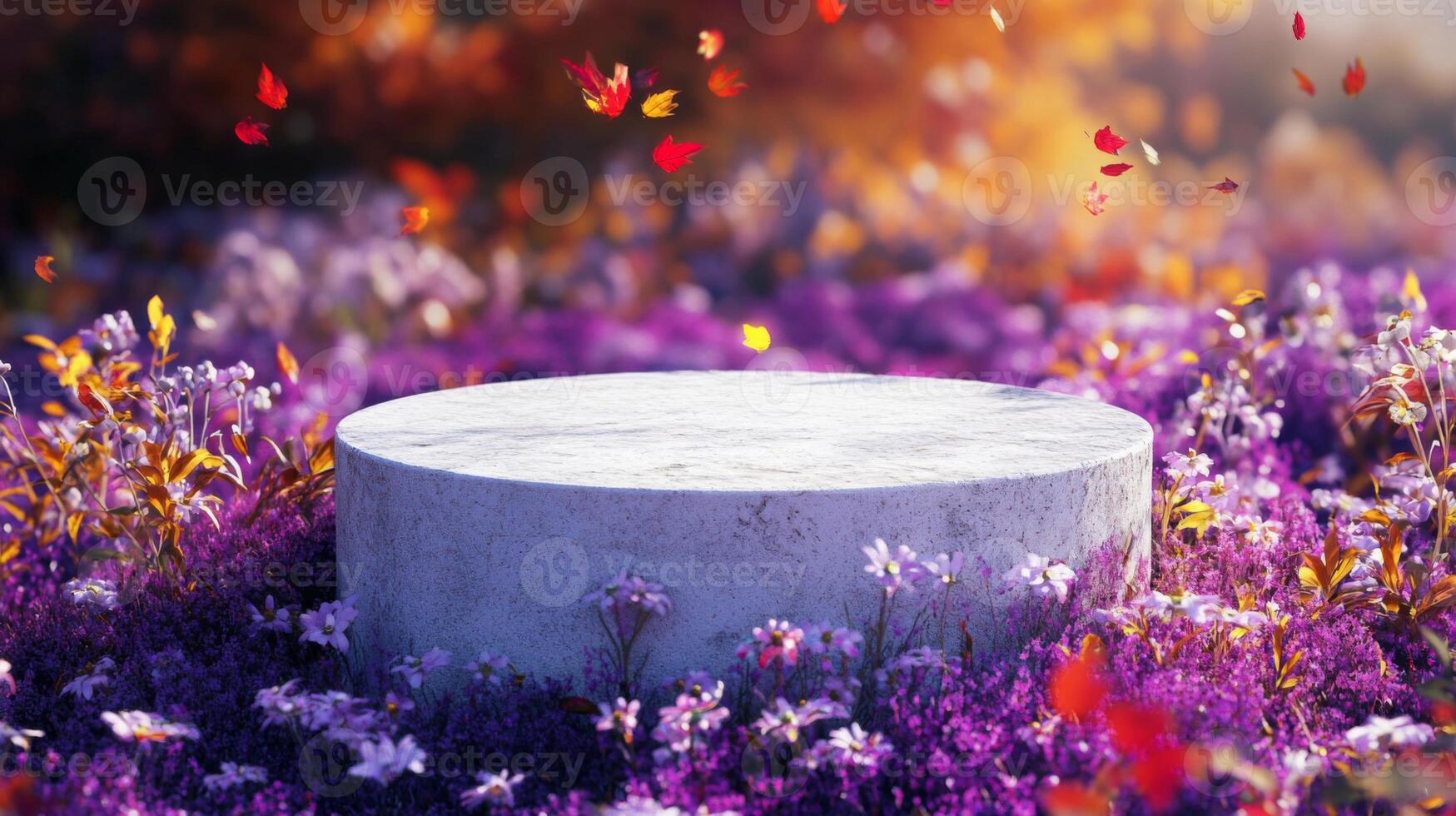 A white, round pedestal sits in the middle of a field of purple and white flowers. The flowers are in full bloom, and there are red leaves falling from the trees in the background photo