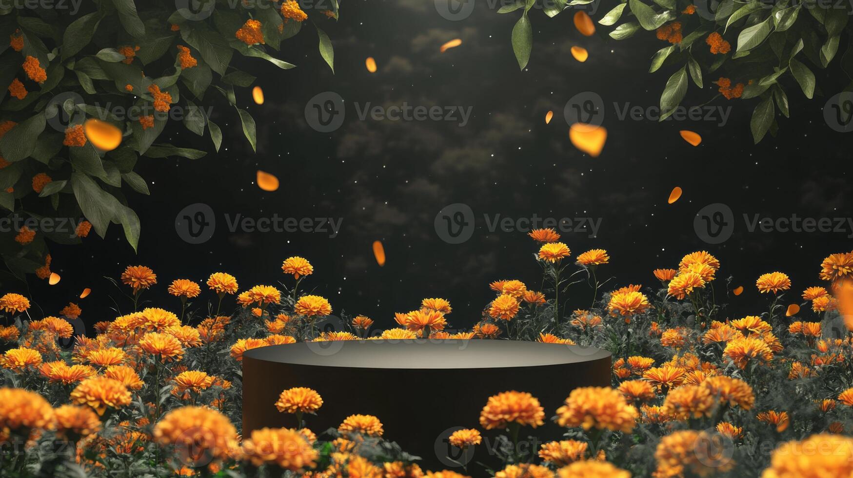 A black circular platform sits in the center of a field of yellow marigolds. The platform is surrounded by the flowers, with green leaves and branches photo