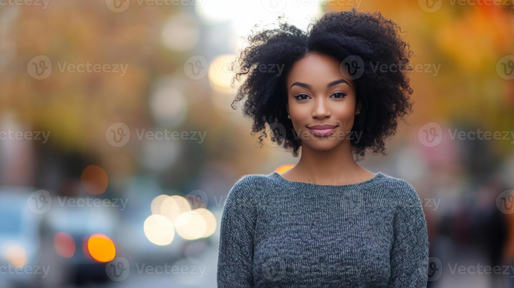 A black woman with voluminous natural curls is standing on a bustling city street. The trees in the background are adorned with colorful autumn leaves, creating a vibrant seasonal atmosphere. photo