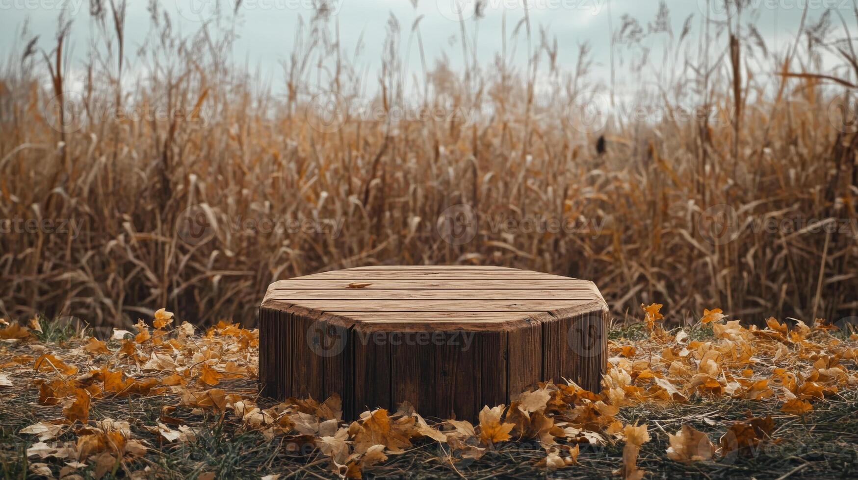 A wooden, octagonal platform rests on the ground, surrounded by fallen, colorful leaves. Tall grass sways gently in the background under a cloudy sky, signifying the calm of autumn dusk. photo