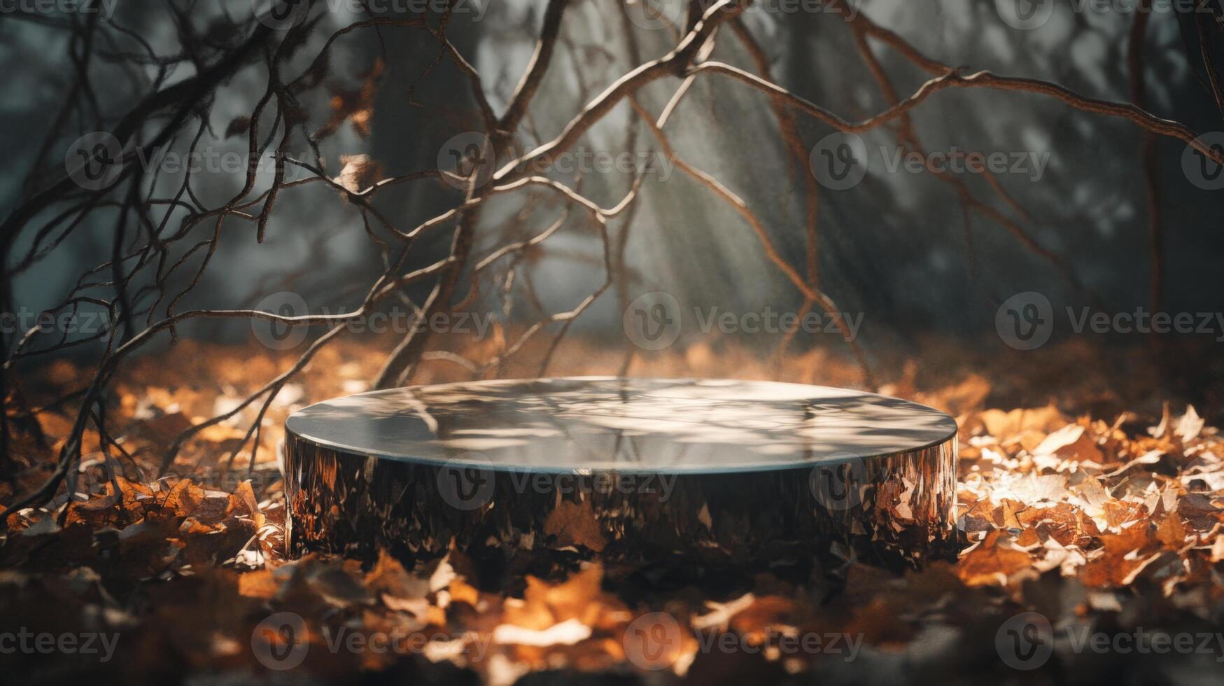 In a peaceful forest clearing, sunlight streams through trees, illuminating a reflective surface resting on a carpet of autumn leaves. Twisted branches create an enchanting, tranquil atmosphere. photo