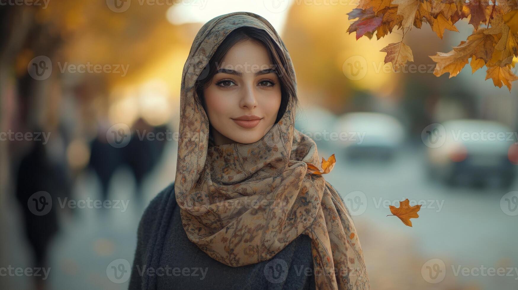 A young woman dressed in a patterned scarf stands confidently on a bustling city street photo