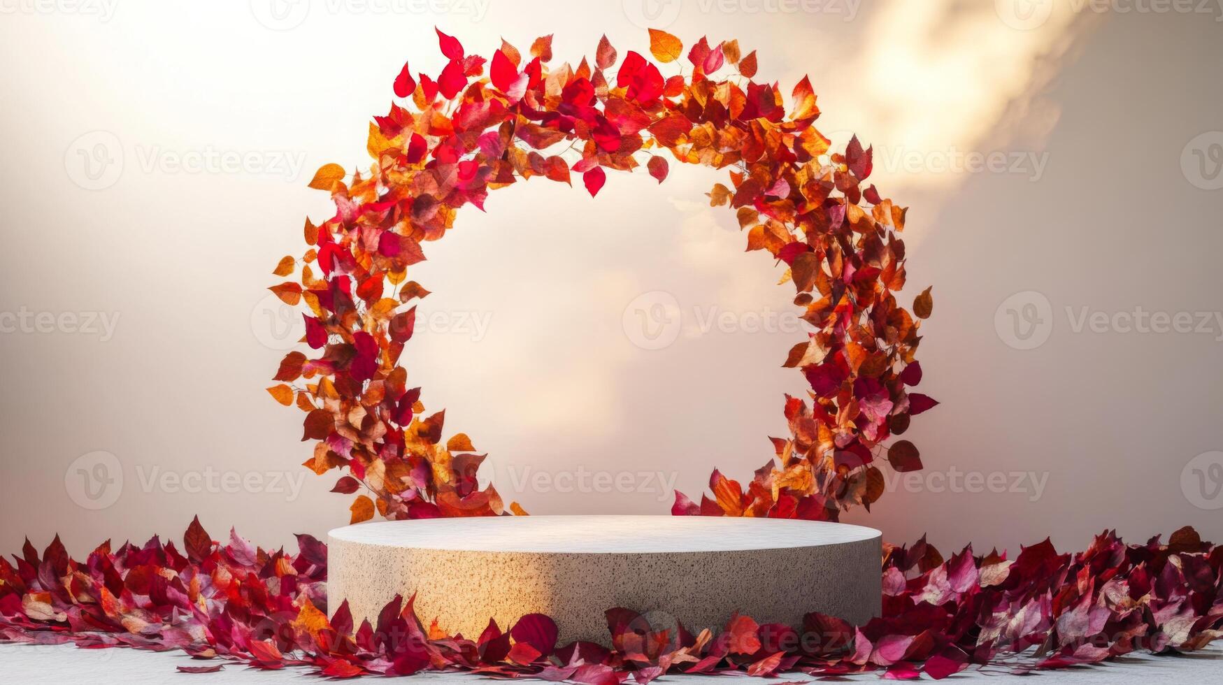 An artistic arrangement of vibrant red and orange leaves forms a circular shape around a flat display platform. The leaves, scattered throughout, enhance the creative presentation, suggesting autumn. photo