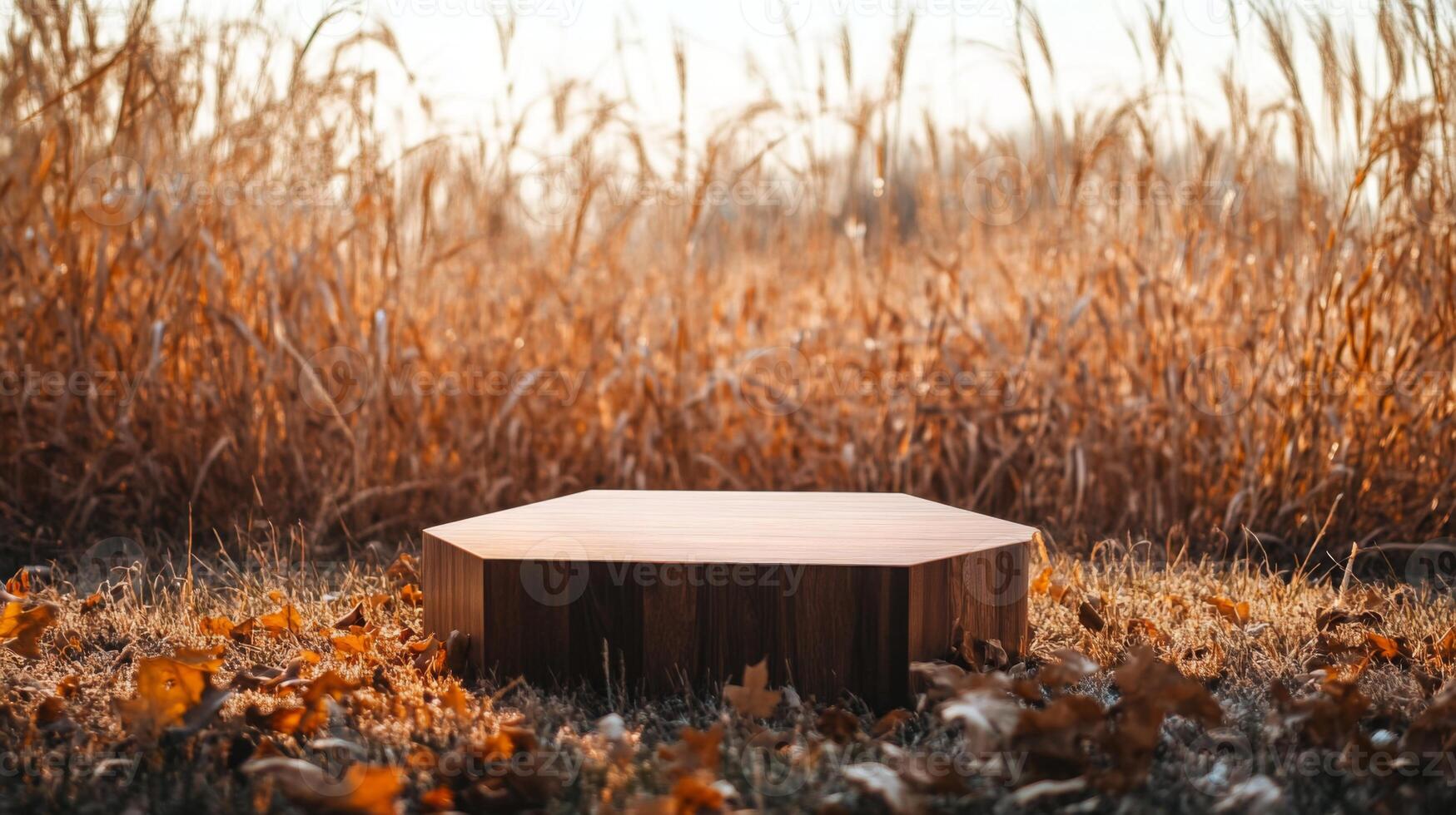 A hexagonal wooden table sits alone in a field of tall grass, with golden autumn leaves scattered around. The warm light of sunset highlights the natural beauty of the serene landscape. photo
