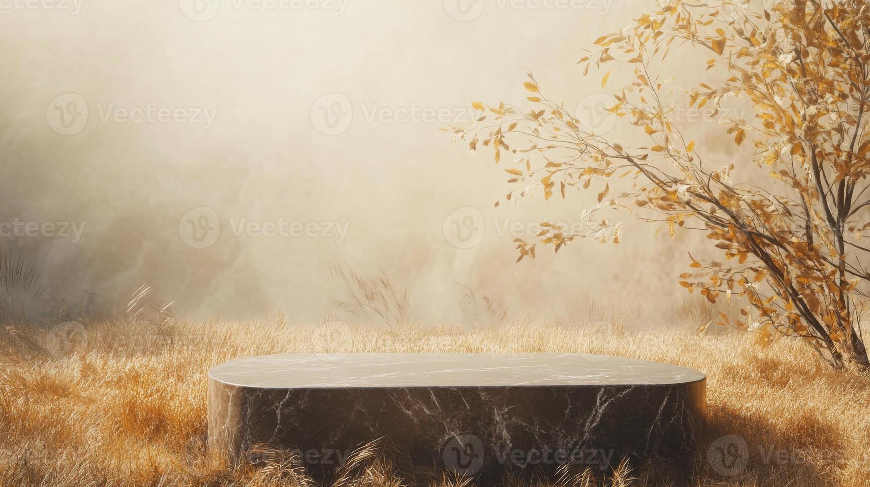 A marble pedestal is situated in the middle of a field of dry grass. The background is a soft, hazy white with a few branches of a tree with yellow leaves visible. photo