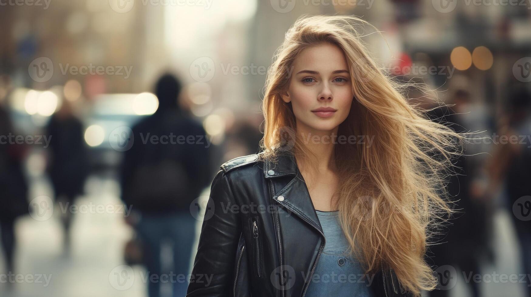 A young woman with flowing hair strolls through a bustling urban area, where people are quietly moving about. The sunlight casts a warm glow on her face, highlighting her serene expression. photo