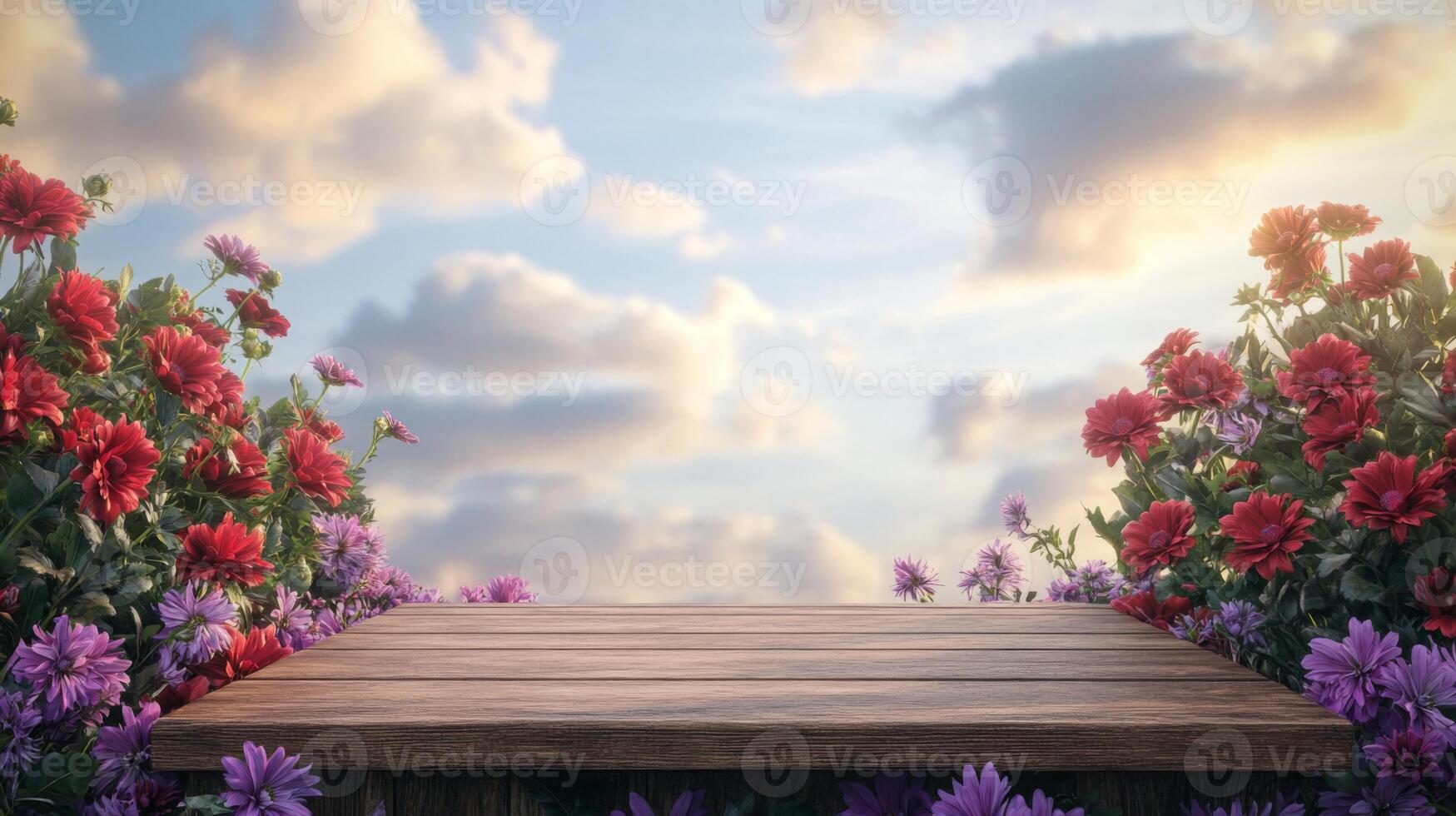 A wooden table sits surrounded by lush red and purple flowers as the sun sets, casting a warm glow on the scene. Soft clouds drift in the sky, enhancing the tranquil garden atmosphere. photo
