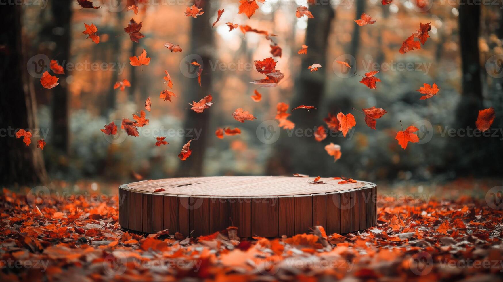 Vibrant red and orange leaves fall gracefully around a circular wooden platform set in a tranquil forest photo