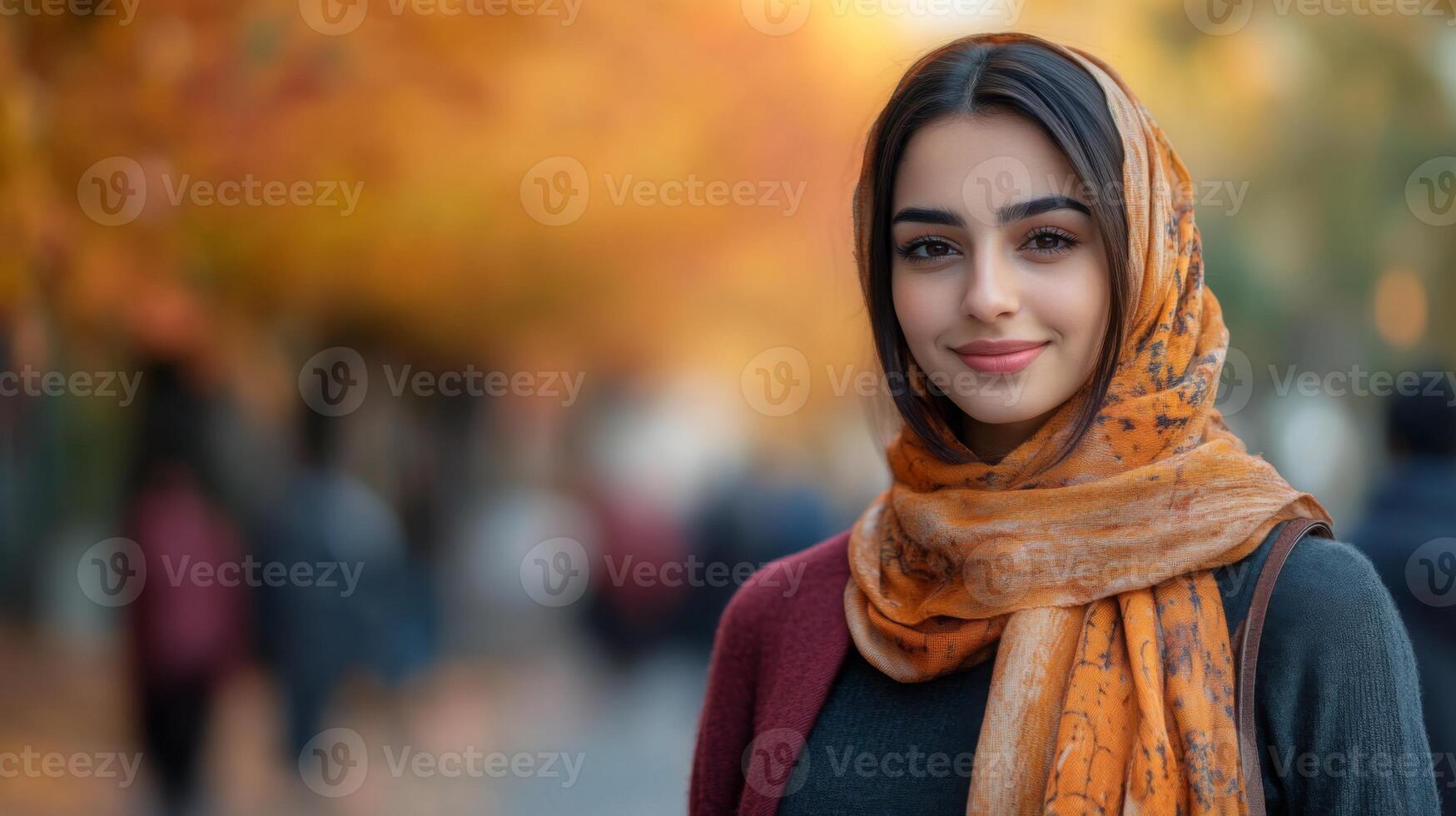 A young woman stands in an autumn park, showcasing a warm scarf and a bright smile. The background features vibrant fall colors, creating a cozy and inviting atmosphere. photo