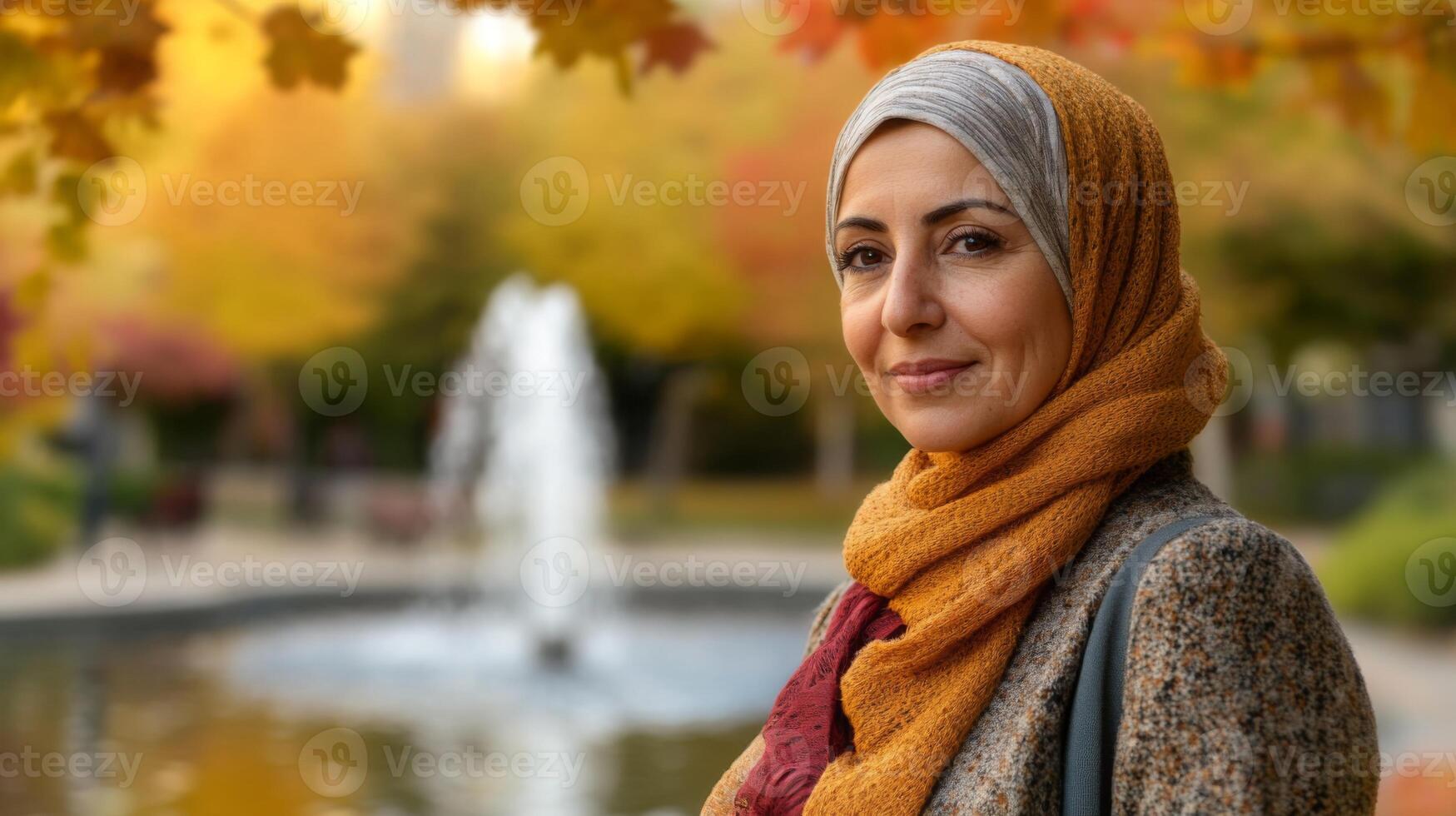 A woman wearing a headscarf stands gracefully beside a tranquil fountain in a park filled with colorful autumn leaves. The warm sunlight enhances the lovely scenery and her serene expression. photo