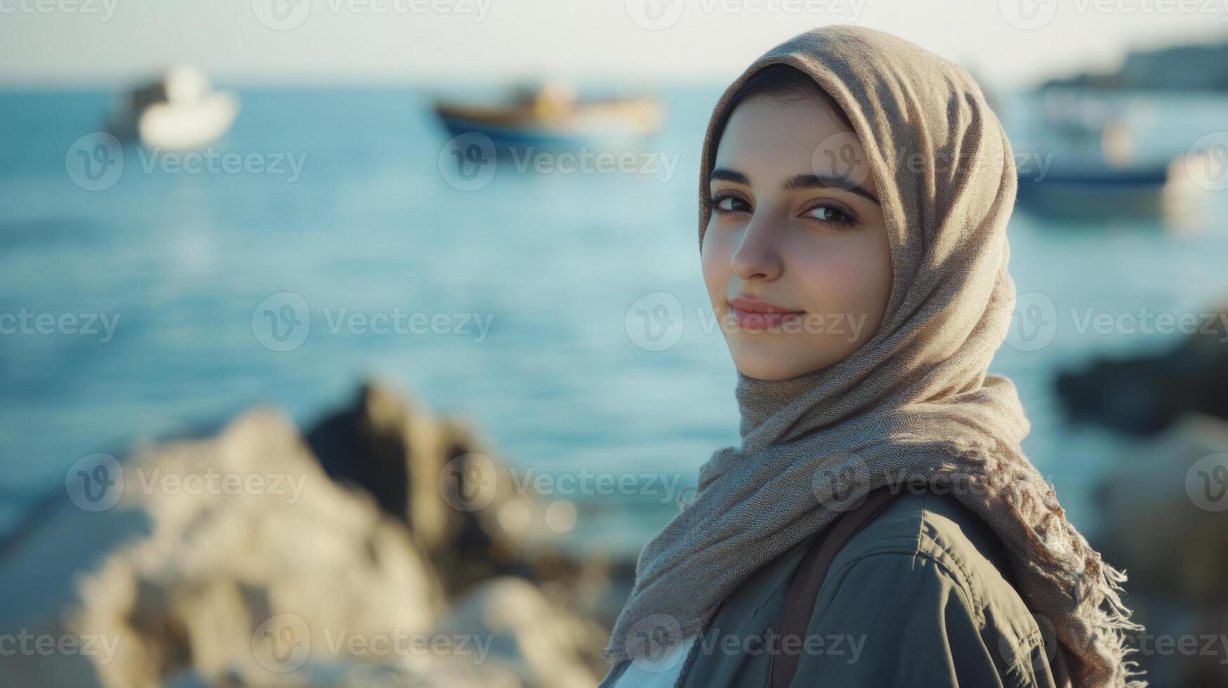 A young woman in a hijab stands near the water, enjoying the calming views of boats and waves as the sun sets in the background, creating a peaceful atmosphere and soft light. photo