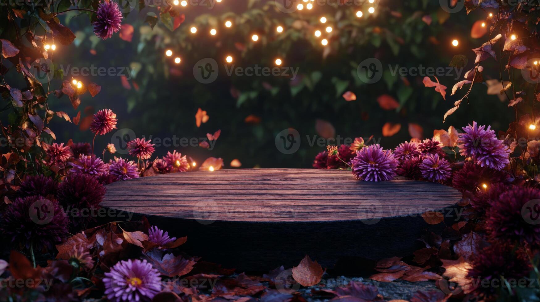 Delicate flowers surround a circular wooden stage, illuminated by soft glowing lights. Autumn leaves gently fall, creating a magical atmosphere in the garden at dusk. photo
