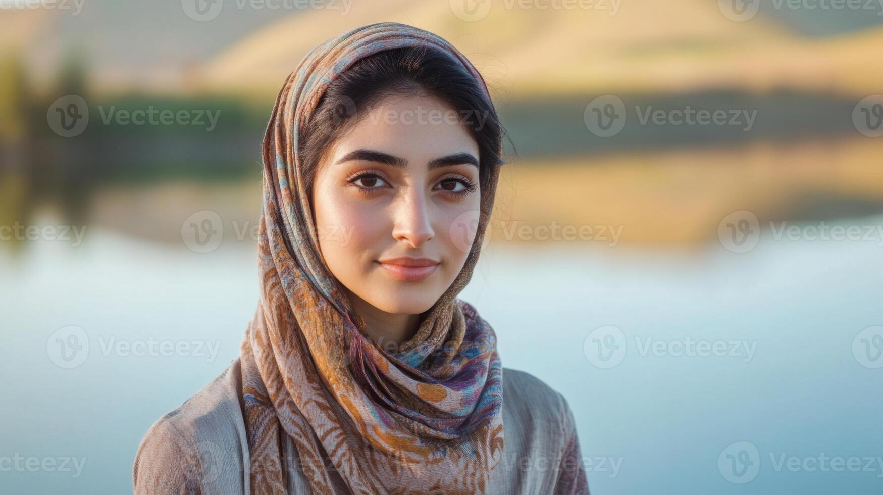 A young arab woman with a warm smile stands by a serene lake, wrapped in a light scarf photo