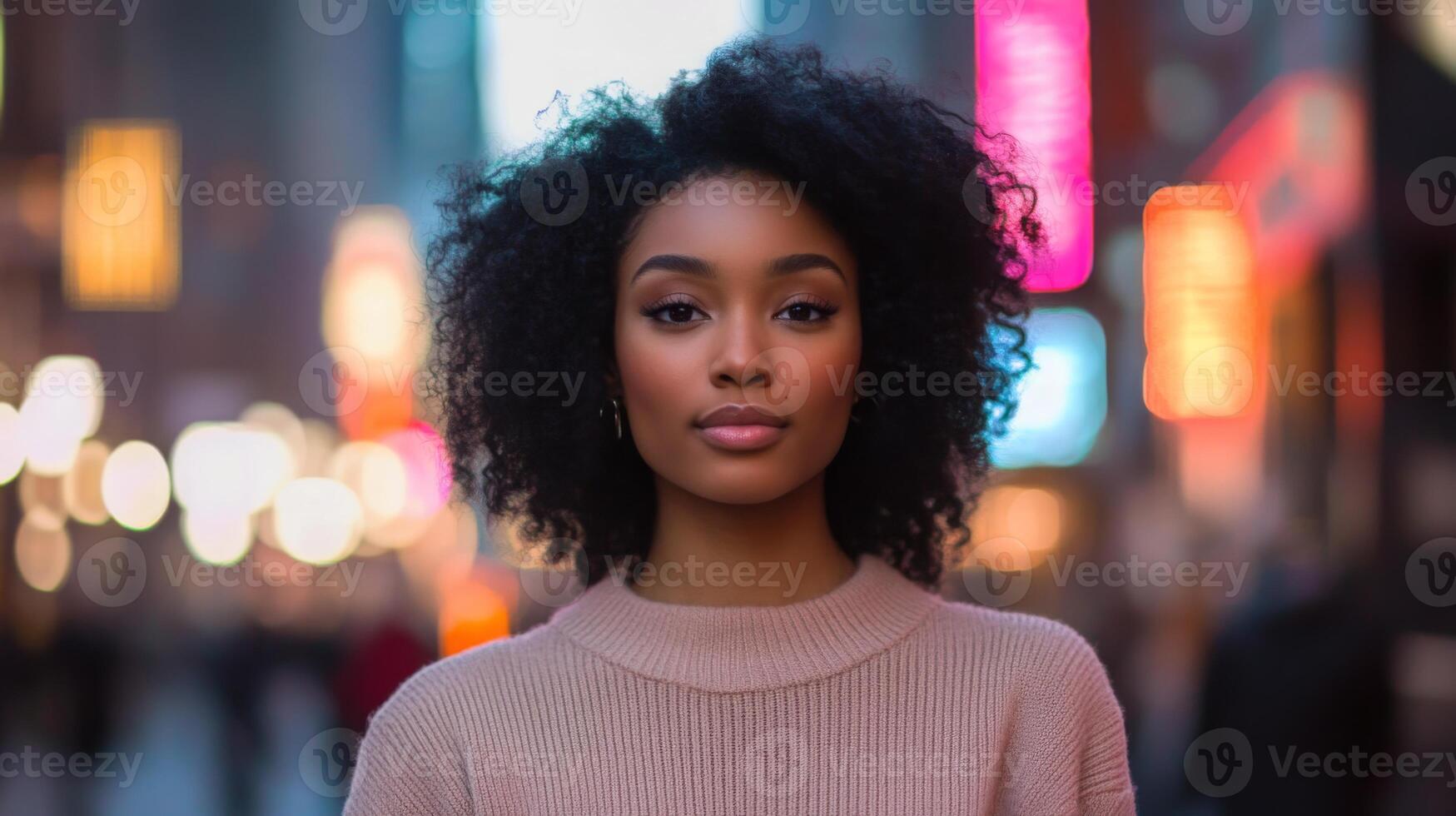 A woman with beautiful curly hair stands confidently on a bustling city street as evening lights illuminate her features. Colorful signs create a lively backdrop, enhancing the urban atmosphere. photo