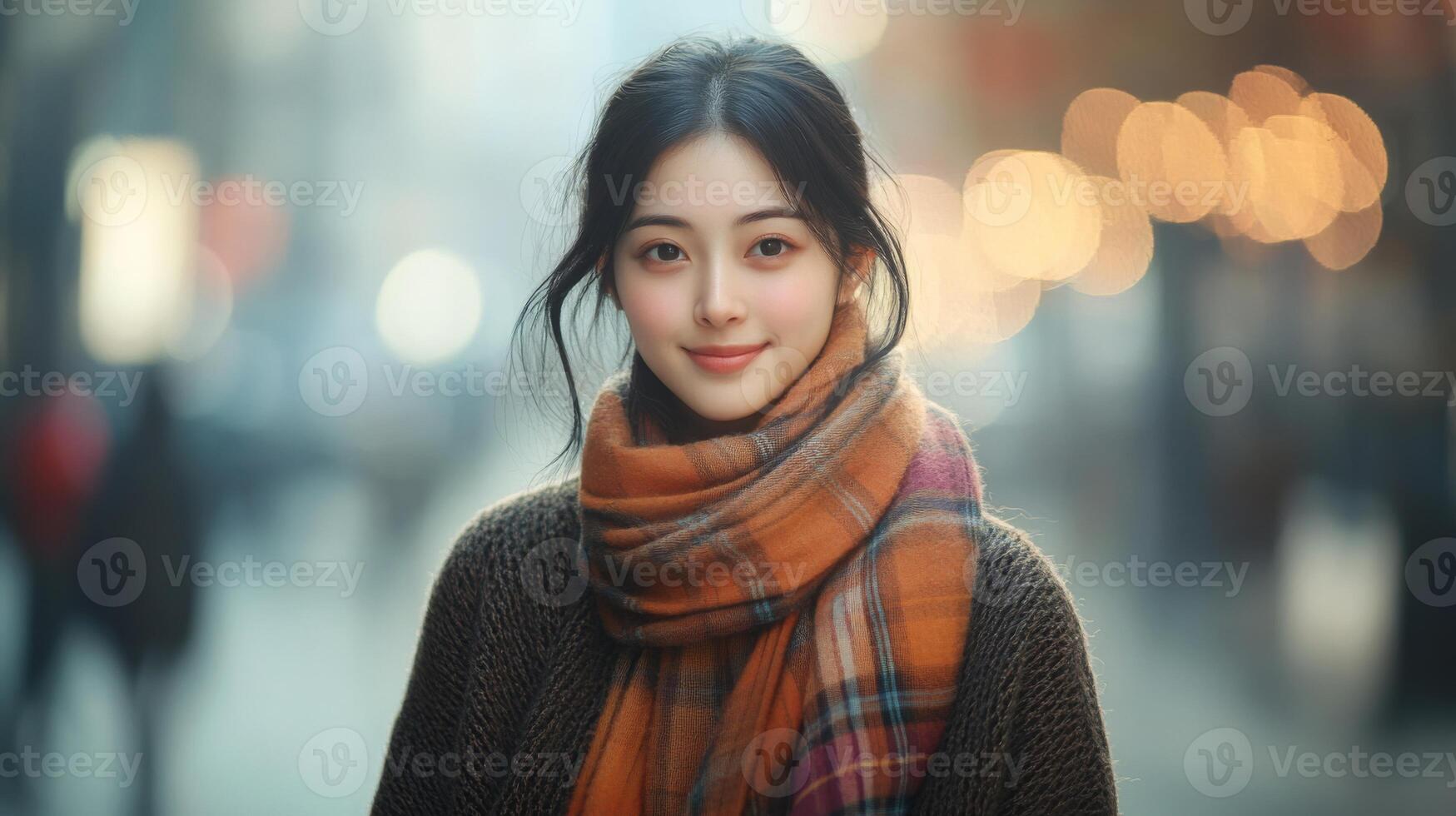 A young asian woman stands in busy urban area, dressed in a warm sweater and a colorful scarf. She smiles softly, surrounded by a backdrop of blurred lights and people, hinting at a lively atmosphere. photo