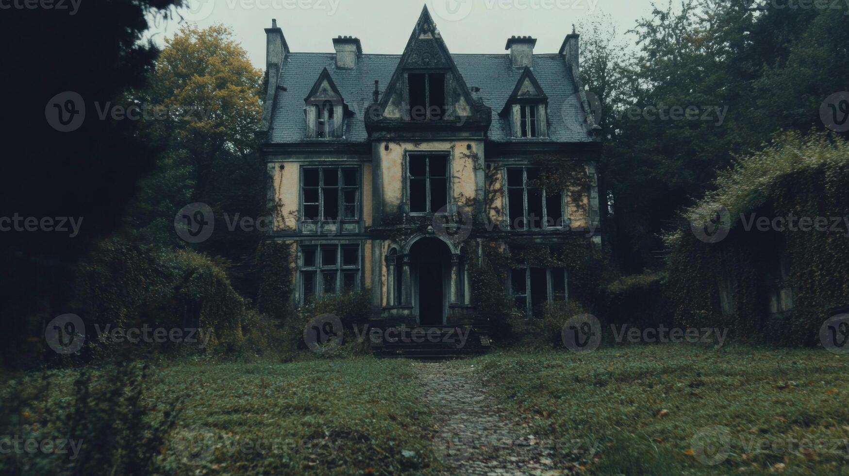 An eerie Victorian mansion stands deserted, its weathered facade covered in creeping vines photo
