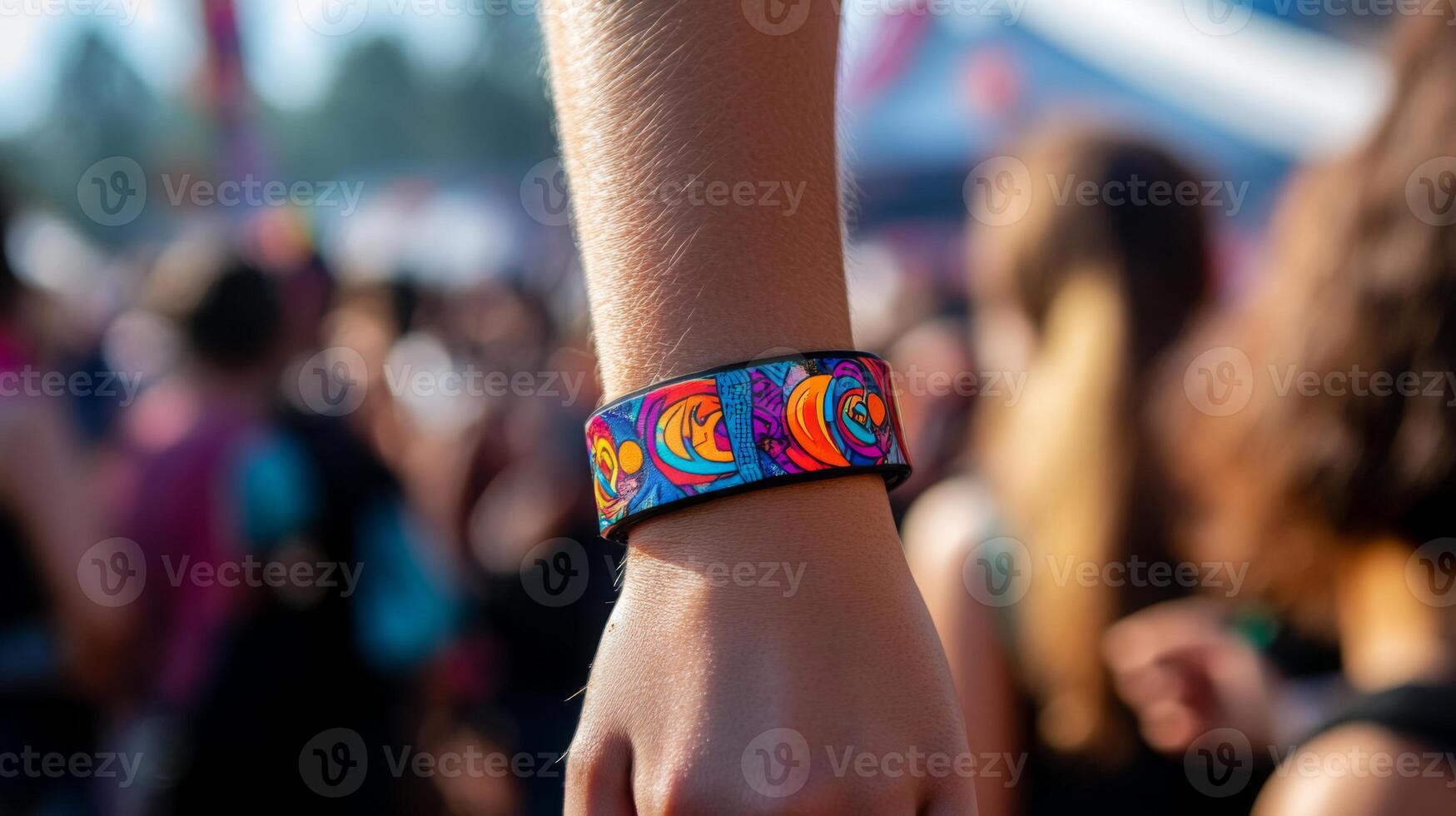 A hand displays a vibrant wristband amidst a crowded outdoor music festival under sunny skies. photo