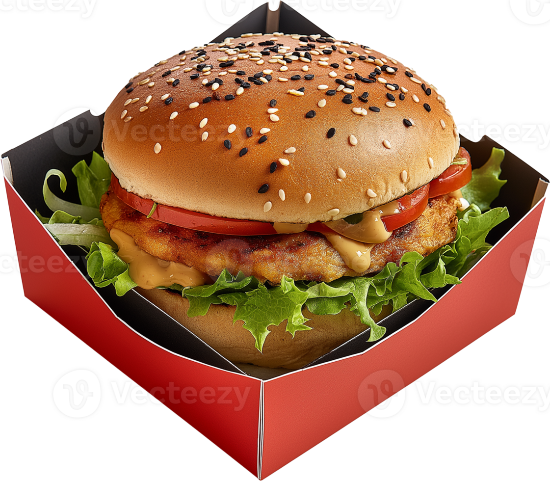 Chicken burger blank red and black craft burger box isolated illustration png