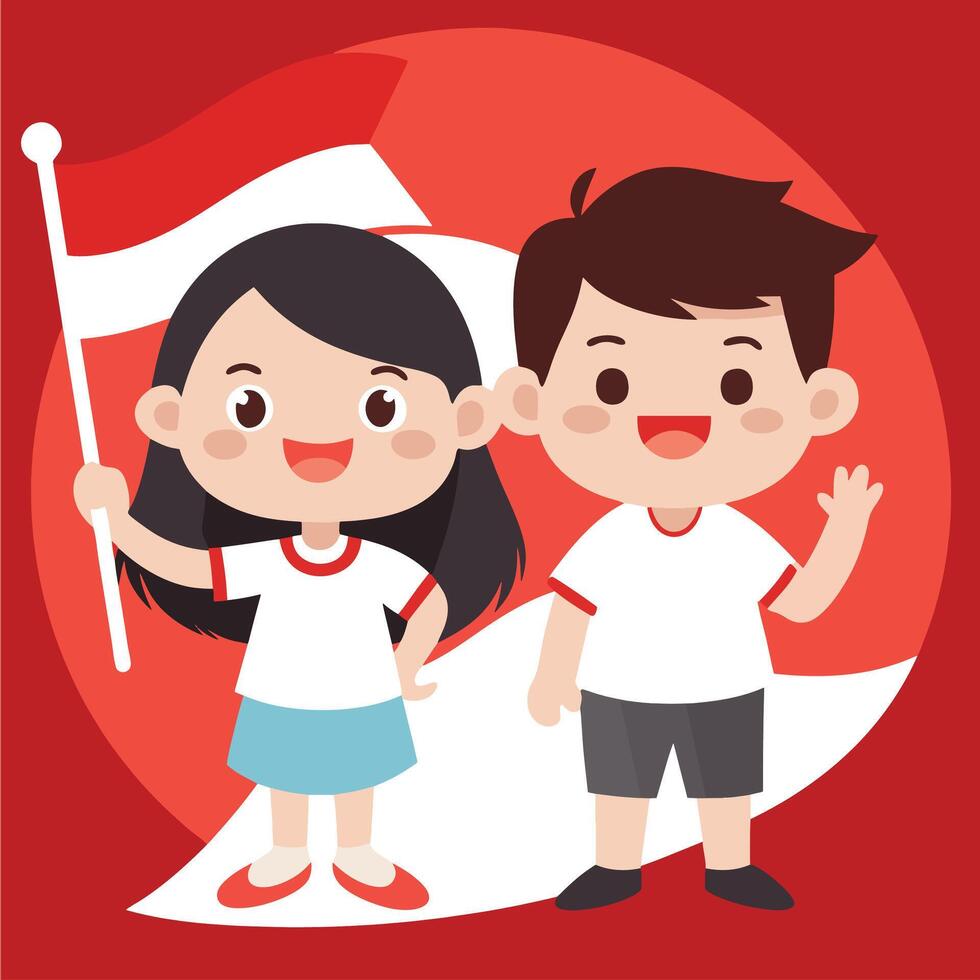 cute boy and girl character cartoon Indonesian Indepedence day vector