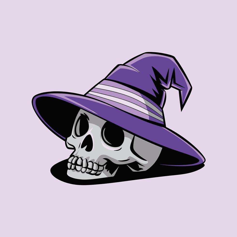 A cartoon skull wearing a purple witch hat with white stripes against a light purple background. vector