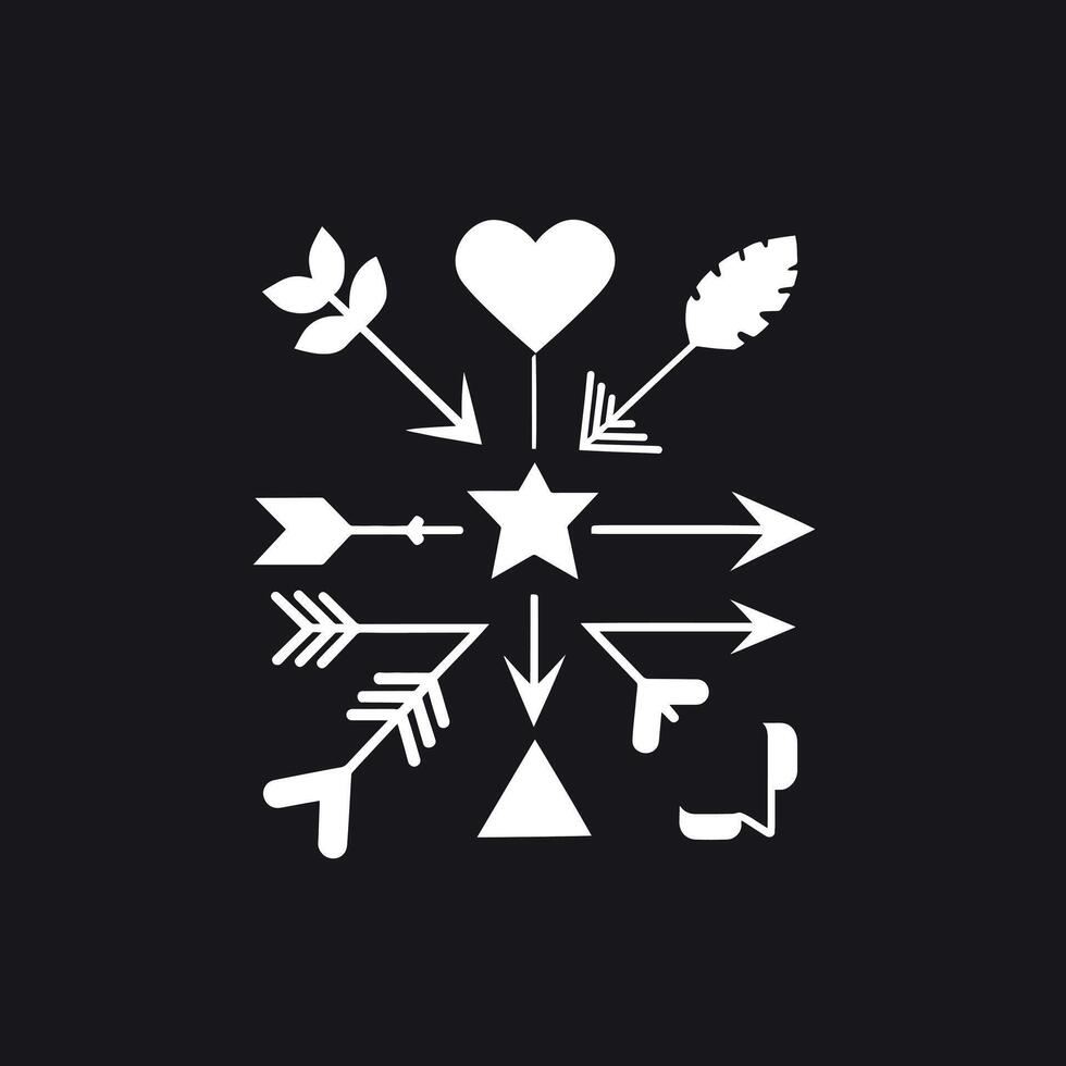An abstract image featuring a heart, star, triangle, and various arrow designs on a black background. vector