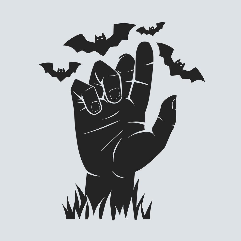 A black silhouette of a hand reaching from the grass with bats flying around it. vector