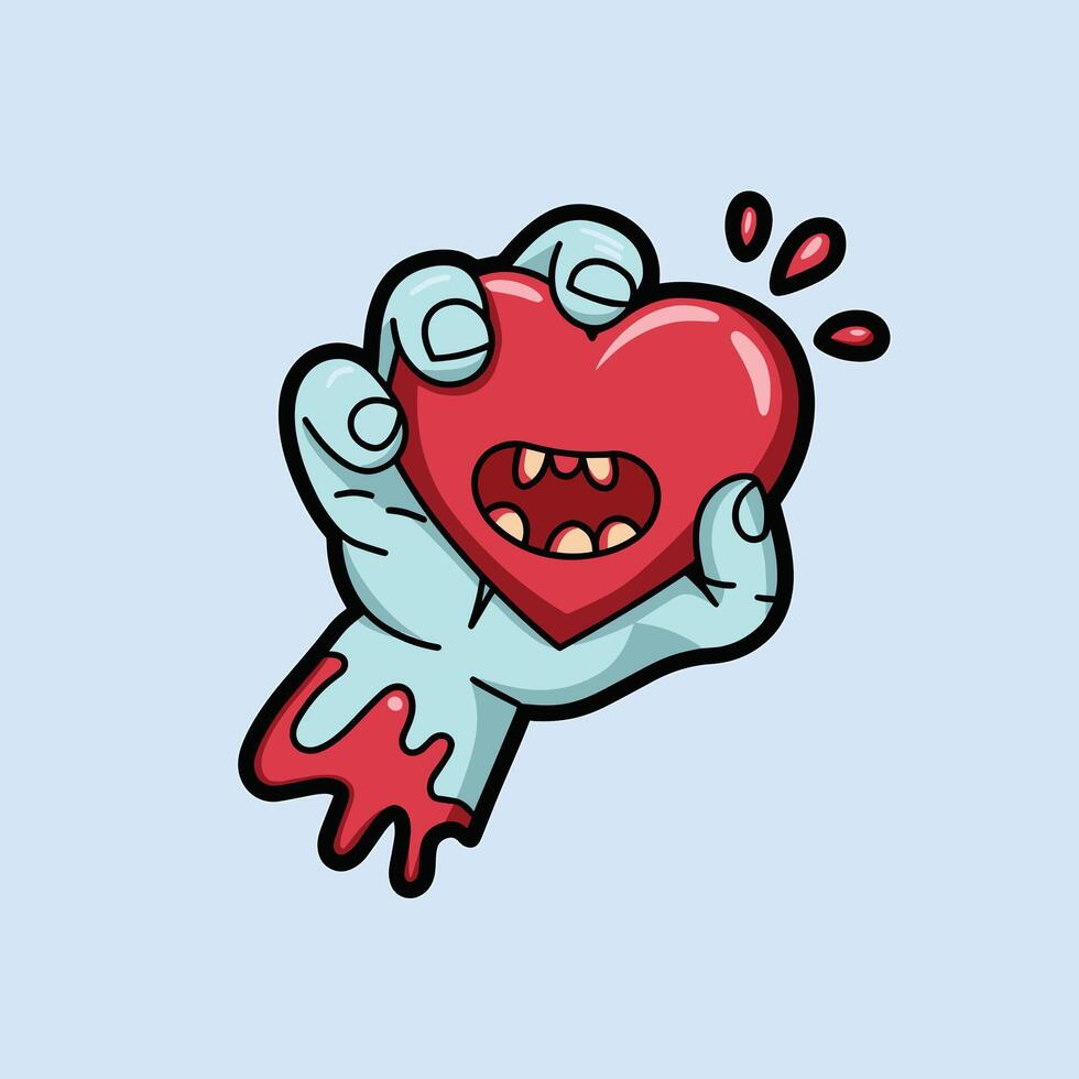 A cartoon zombie hand holds a red, fanged heart with blood dripping from its fingers. vector