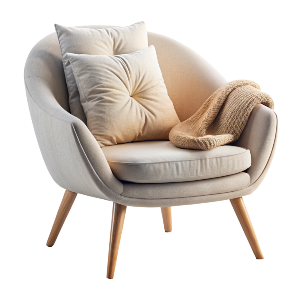 Beige Single armchair with round pillow and blanket isolated on transparent background png