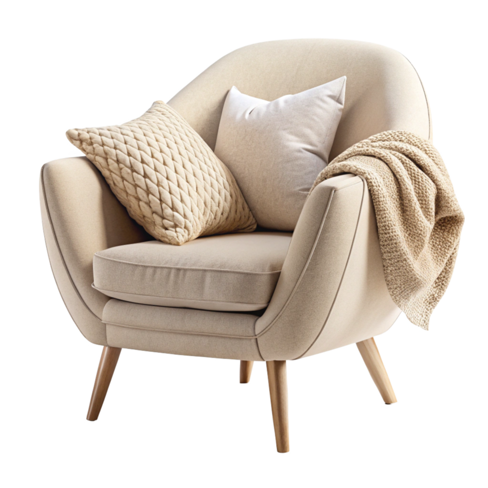 A Single armchair with round pillow and blanket isolated on transparent background png