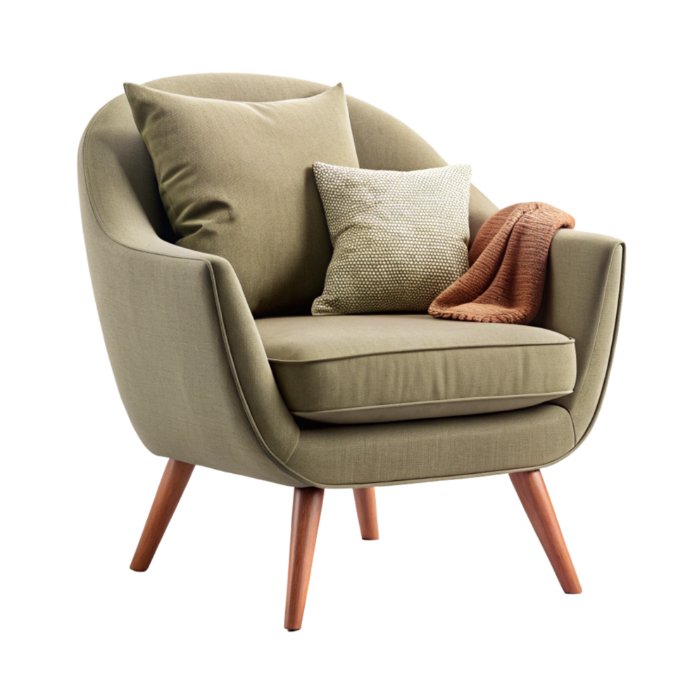 Luxury olive chair with round pillow and blanket isolated on transparent background png