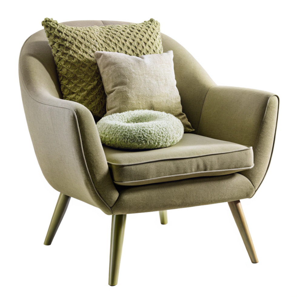 Olive chair with round pillow and blanket isolated on transparent background png