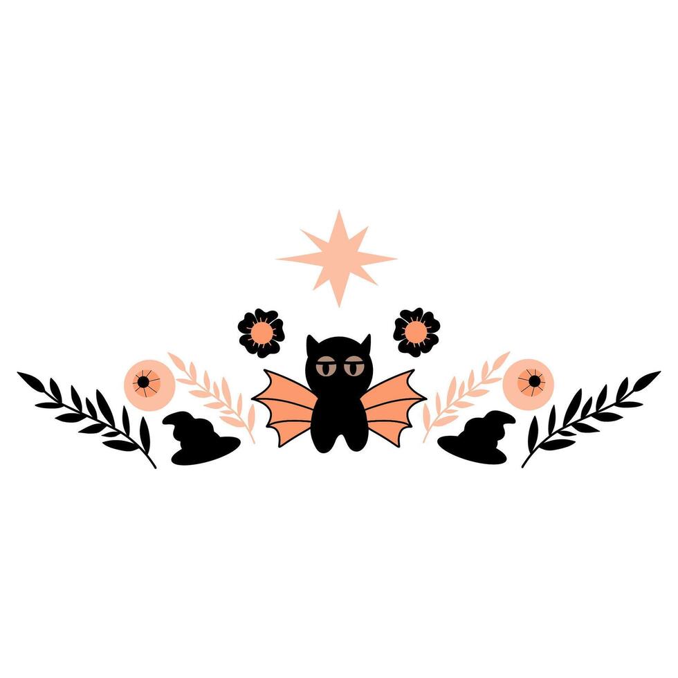 A vampire cat with wings surrounded by flowers, hats, twigs illustration on white background vector