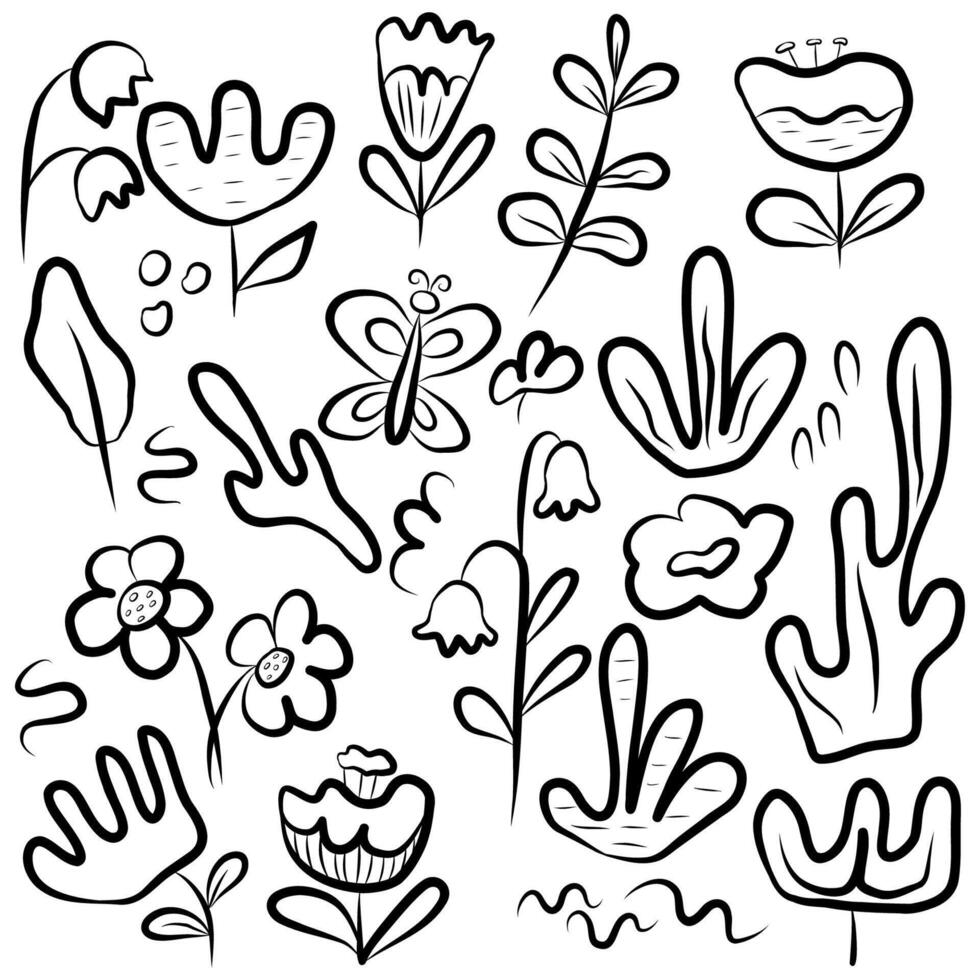 Black and white retro set with different flowers. Doodle illustration isolated on white background in vintage style. 70s 60s nostalgic elements for poster, card, etc vector
