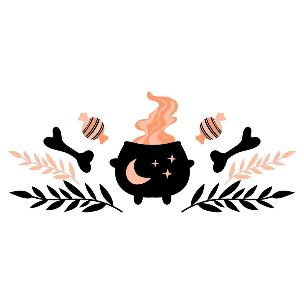 A black pot with a flame on top, bones and twigs, hand drawn cauldron illustration vector